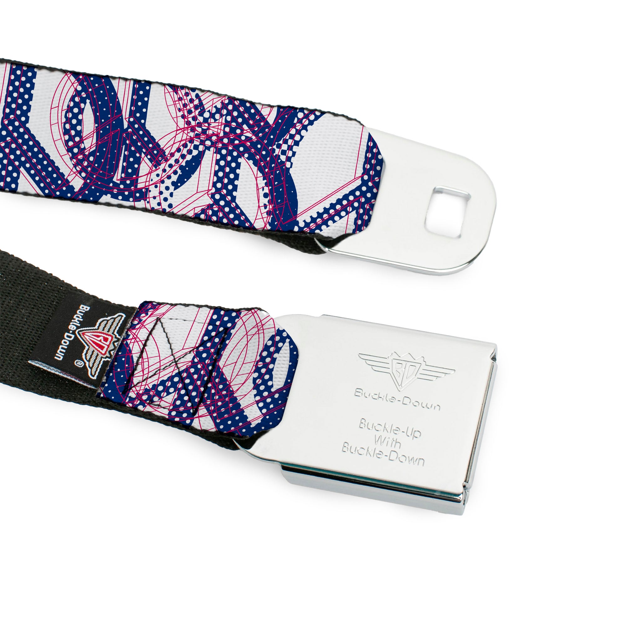 BD Wings Logo CLOSE-UP Full Color Black Silver Seatbelt Belt - Peace Mixed White/Blue/Pink Webbing Seatbelt Belts Buckle-Down