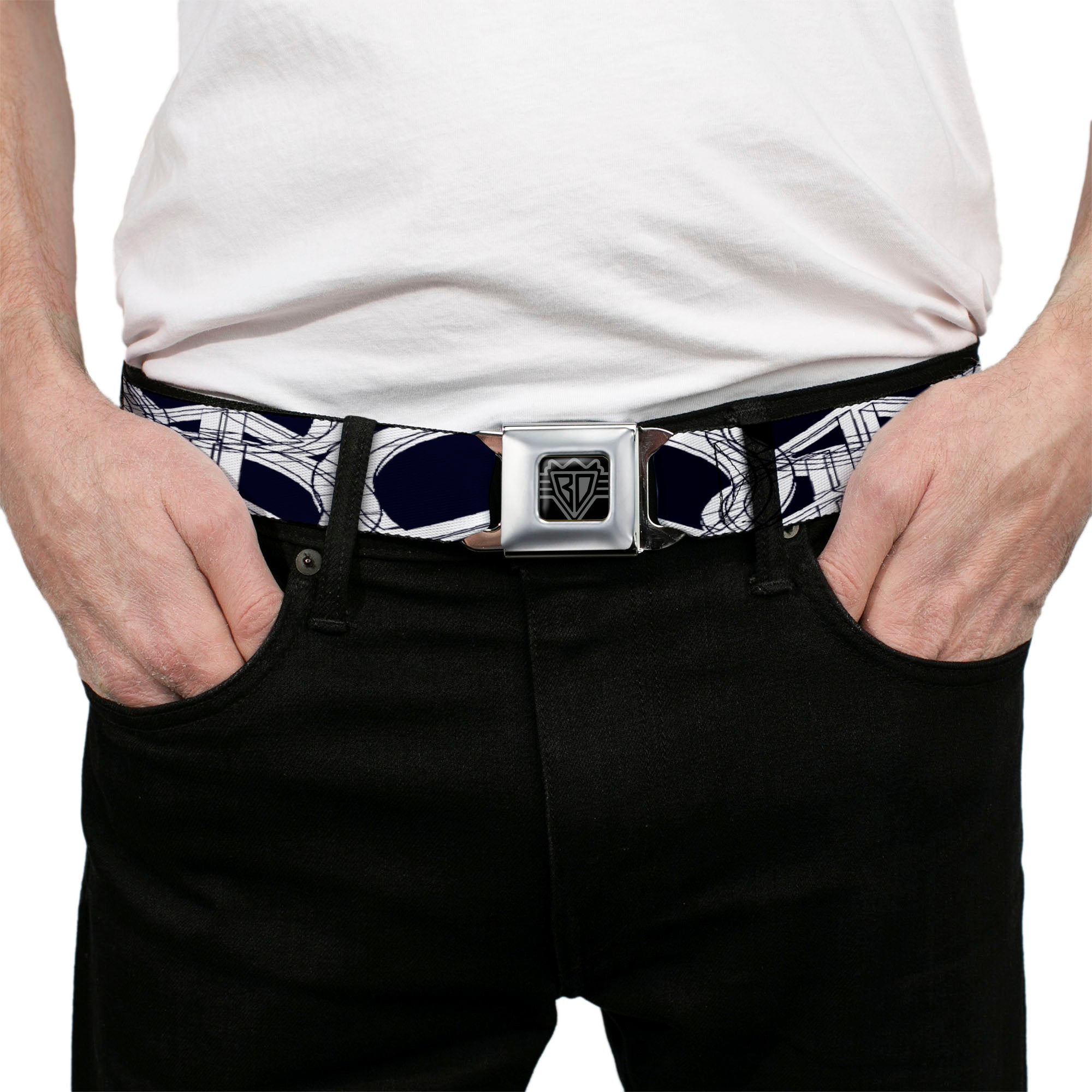 BD Wings Logo CLOSE-UP Full Color Black Silver Seatbelt Belt - Peace Sketch Black/White Webbing Seatbelt Belts Buckle-Down