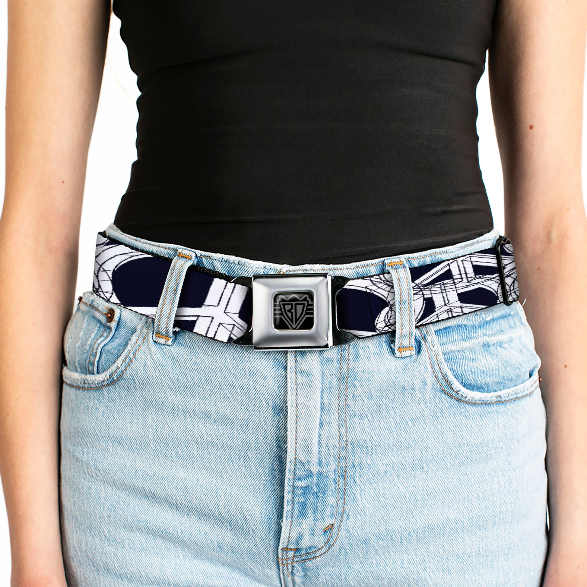 BD Wings Logo CLOSE-UP Full Color Black Silver Seatbelt Belt - Peace Sketch Black/White Webbing Seatbelt Belts Buckle-Down