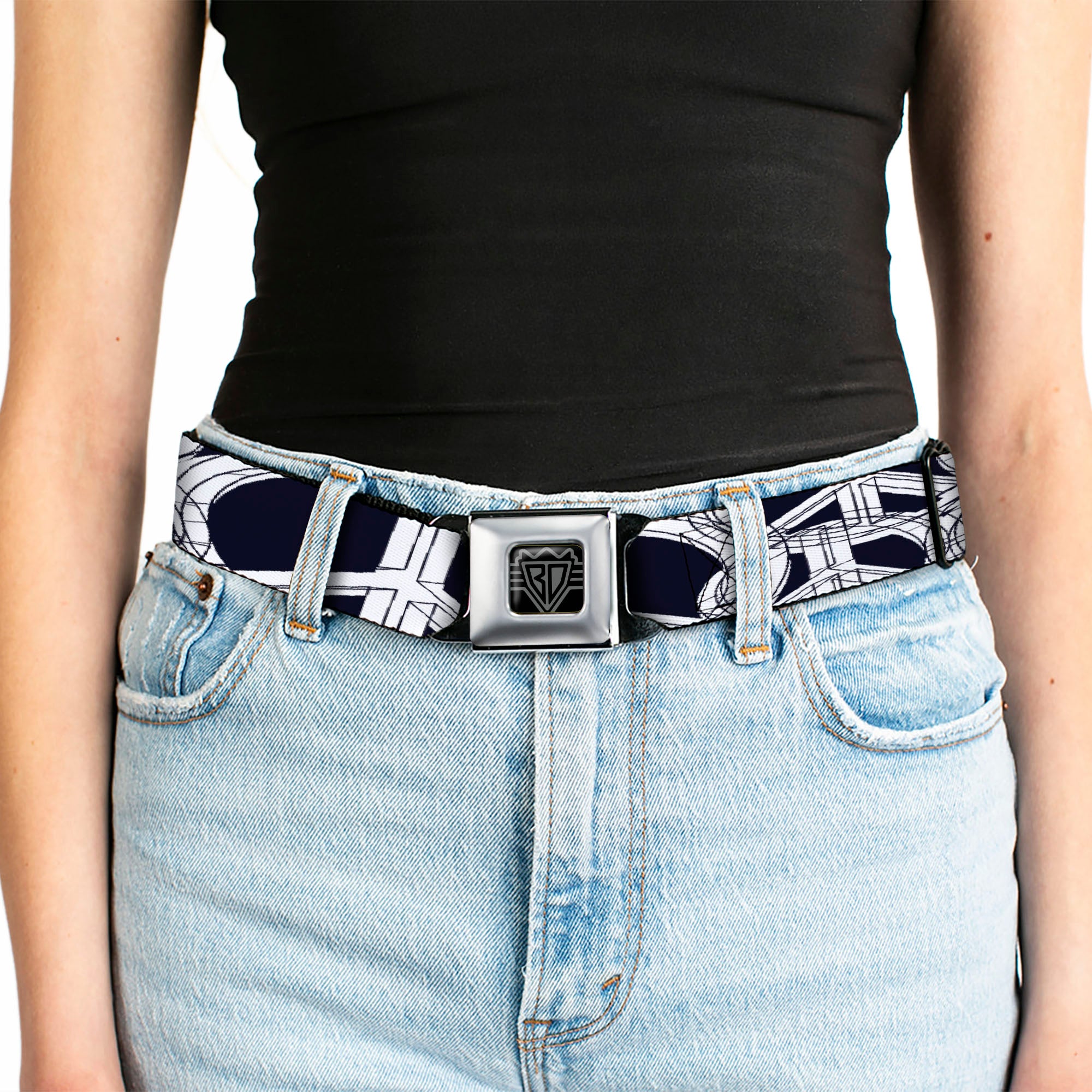 BD Wings Logo CLOSE-UP Full Color Black Silver Seatbelt Belt - Peace Sketch Black/White Webbing Seatbelt Belts Buckle-Down