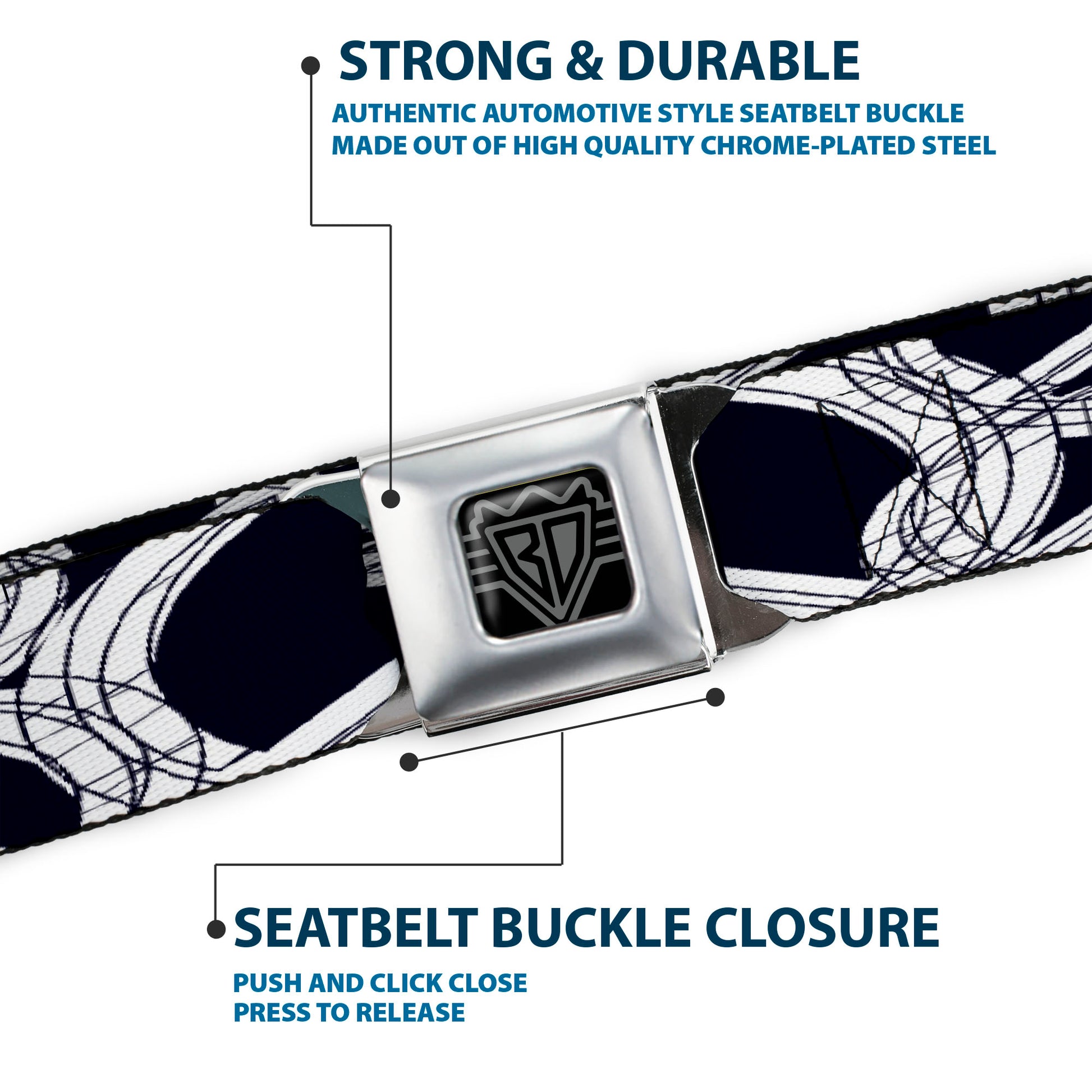 BD Wings Logo CLOSE-UP Full Color Black Silver Seatbelt Belt - Peace Sketch Black/White Webbing Seatbelt Belts Buckle-Down