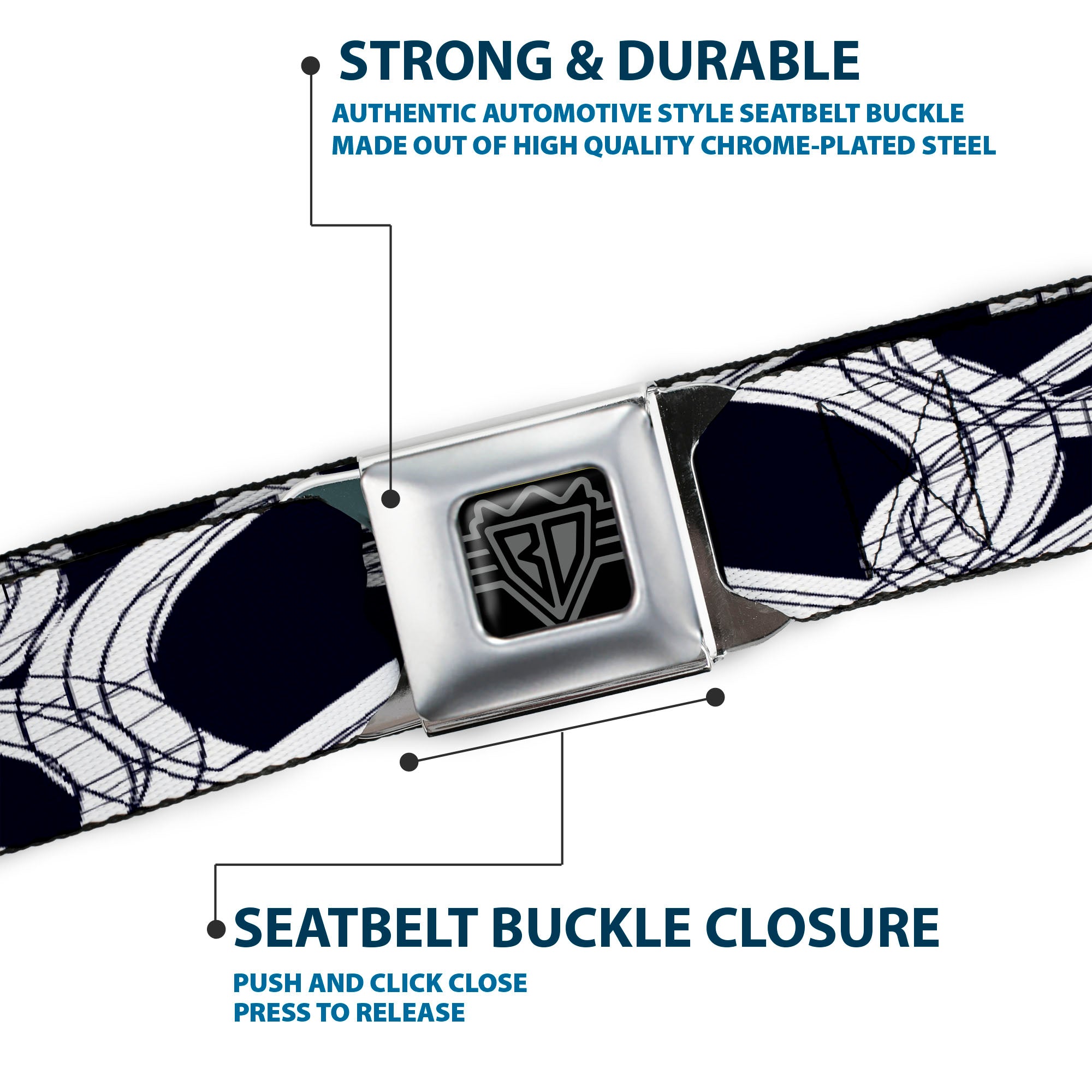 BD Wings Logo CLOSE-UP Full Color Black Silver Seatbelt Belt - Peace Sketch Black/White Webbing Seatbelt Belts Buckle-Down