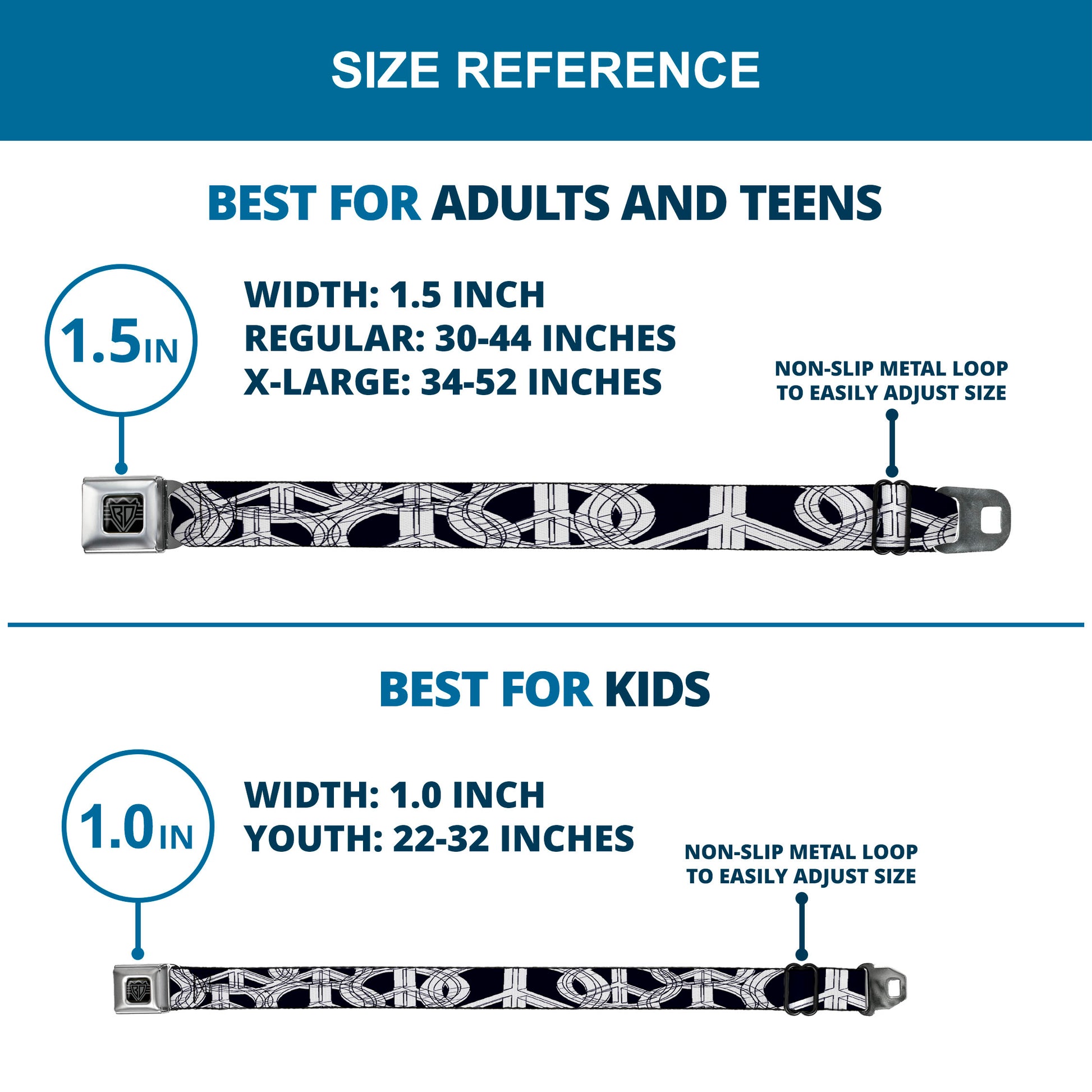 BD Wings Logo CLOSE-UP Full Color Black Silver Seatbelt Belt - Peace Sketch Black/White Webbing Seatbelt Belts Buckle-Down