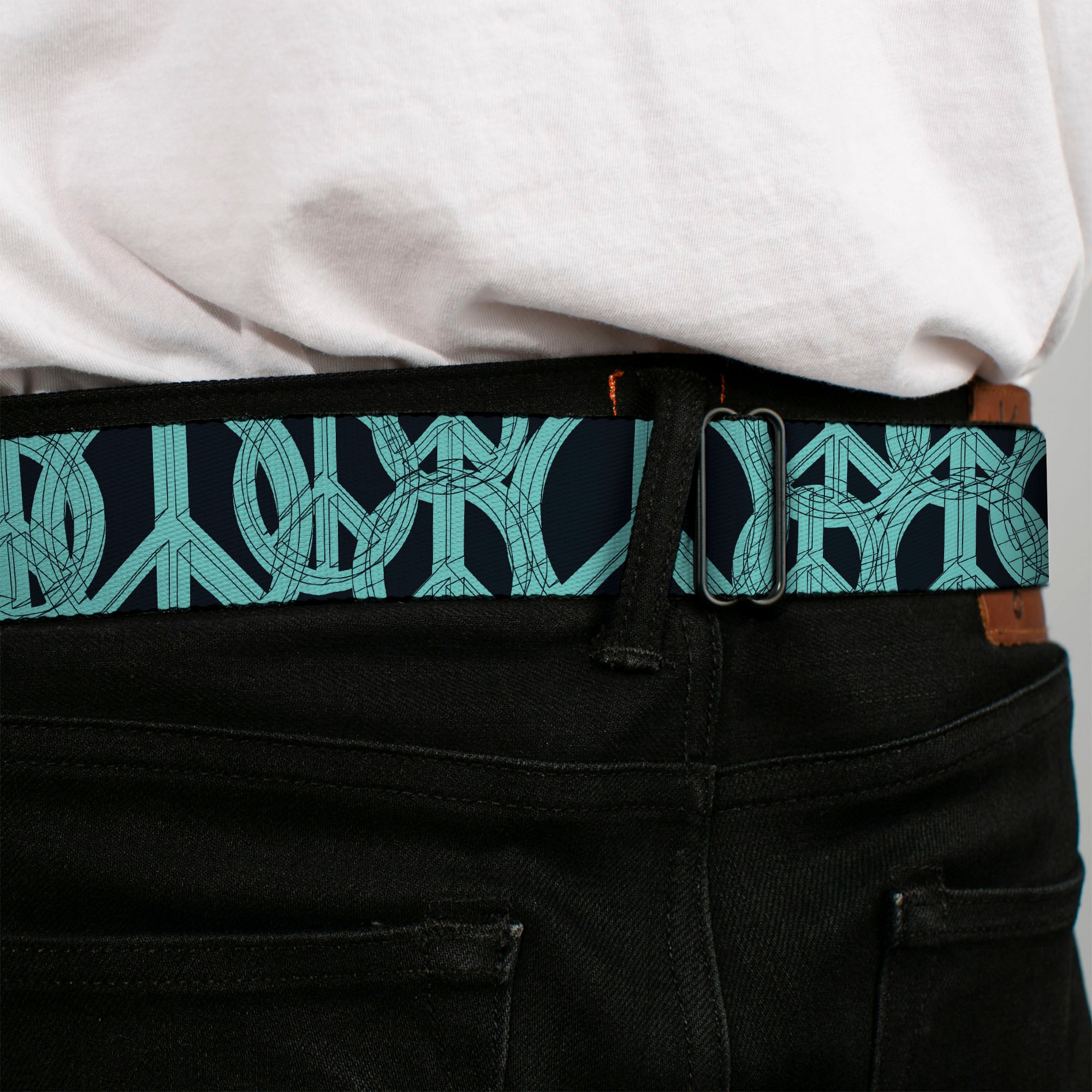 BD Wings Logo CLOSE-UP Full Color Black Silver Seatbelt Belt - Peace Sketch Black/Baby Blue Webbing Seatbelt Belts Buckle-Down