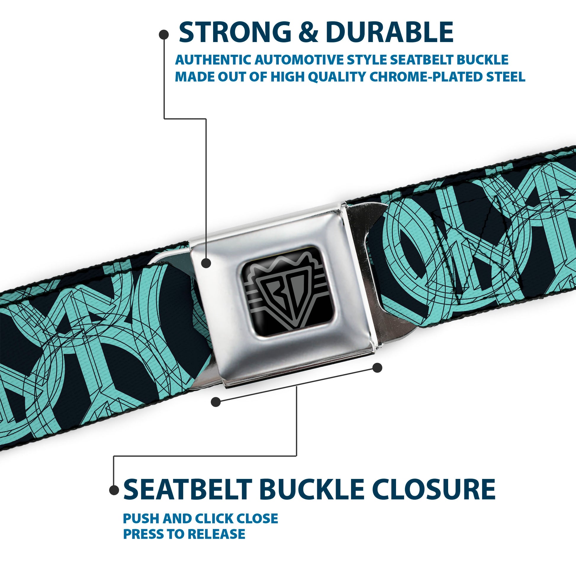 BD Wings Logo CLOSE-UP Full Color Black Silver Seatbelt Belt - Peace Sketch Black/Baby Blue Webbing Seatbelt Belts Buckle-Down