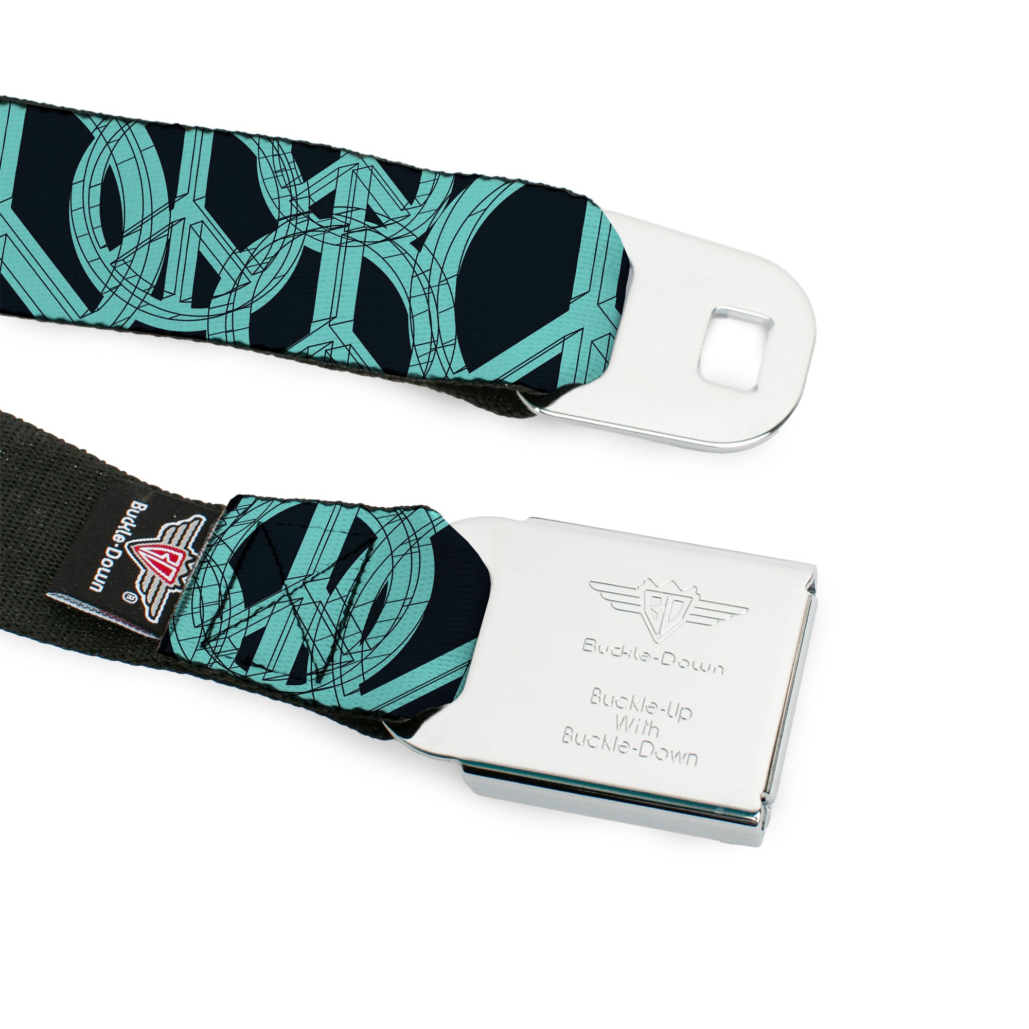 BD Wings Logo CLOSE-UP Full Color Black Silver Seatbelt Belt - Peace Sketch Black/Baby Blue Webbing Seatbelt Belts Buckle-Down