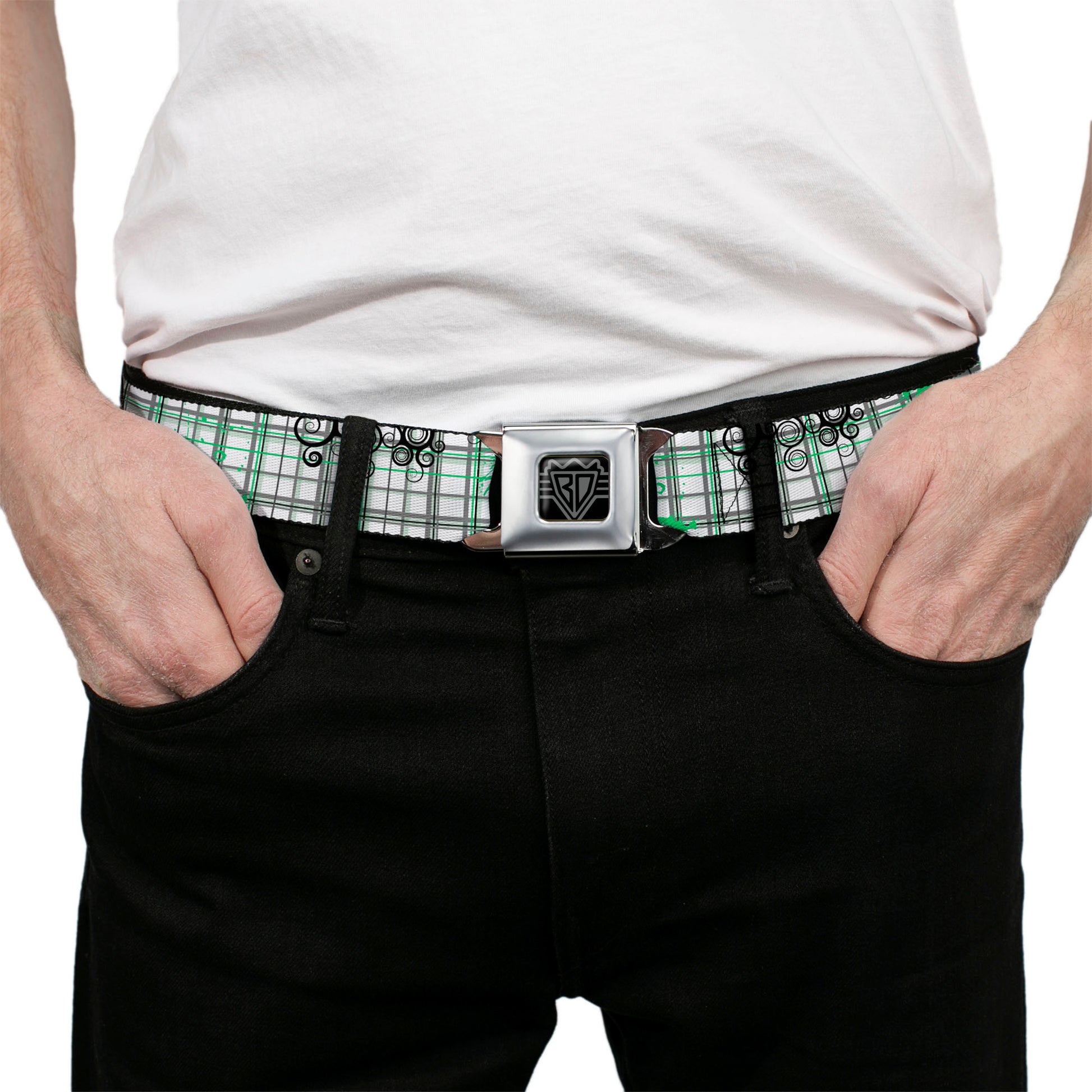 BD Wings Logo CLOSE-UP Full Color Black Silver Seatbelt Belt - Plaid Curls White/Black/Gray/Green Webbing Seatbelt Belts Buckle-Down
