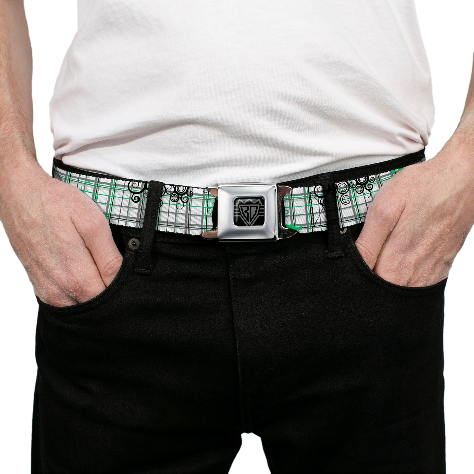 BD Wings Logo CLOSE-UP Full Color Black Silver Seatbelt Belt - Plaid Curls White/Black/Gray/Green Webbing Seatbelt Belts Buckle-Down