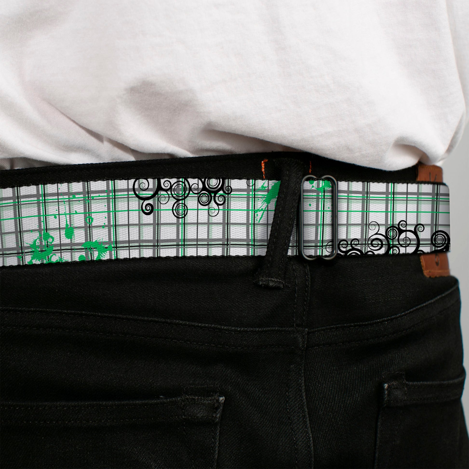 BD Wings Logo CLOSE-UP Full Color Black Silver Seatbelt Belt - Plaid Curls White/Black/Gray/Green Webbing Seatbelt Belts Buckle-Down