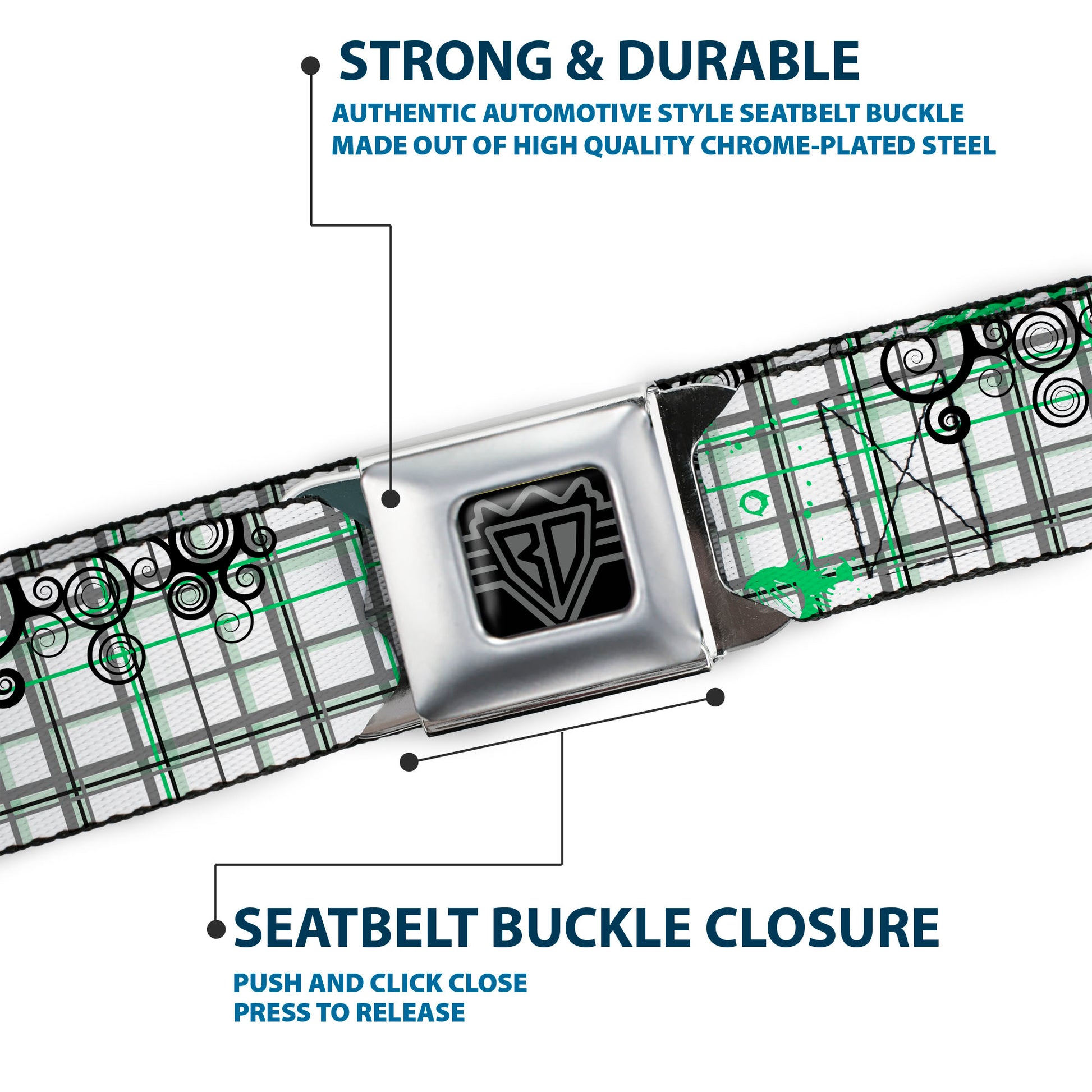 BD Wings Logo CLOSE-UP Full Color Black Silver Seatbelt Belt - Plaid Curls White/Black/Gray/Green Webbing Seatbelt Belts Buckle-Down