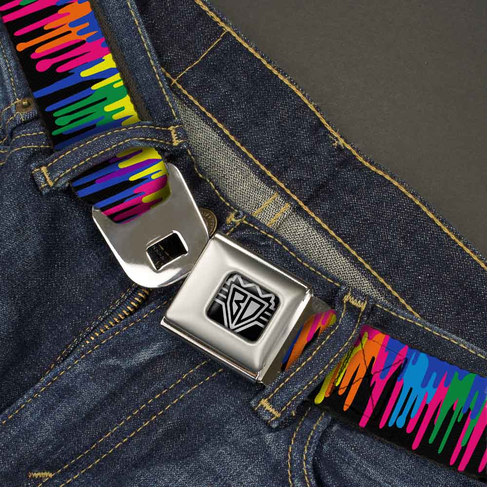 BD Wings Logo CLOSE-UP Full Color Black Silver Seatbelt Belt - Paint Drips Black/Multi Neon Webbing Seatbelt Belts Buckle-Down