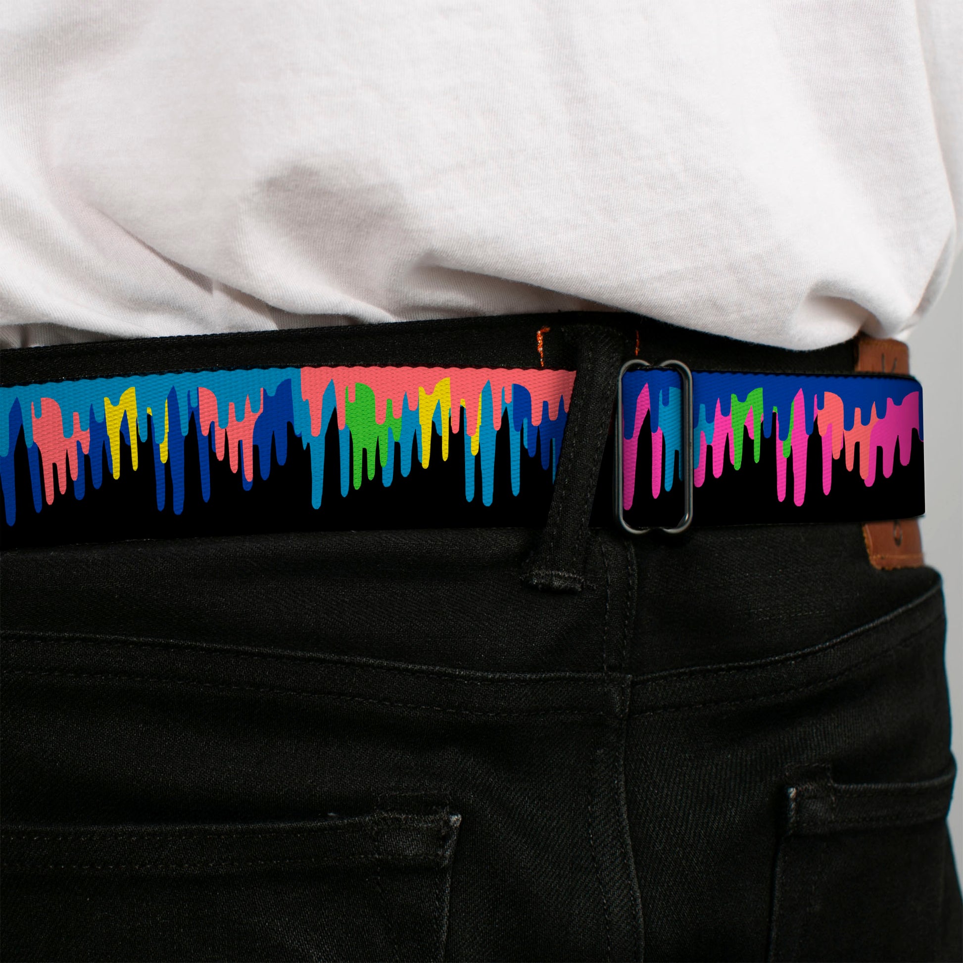 BD Wings Logo CLOSE-UP Full Color Black Silver Seatbelt Belt - Paint Drips Black/Multi Neon Webbing Seatbelt Belts Buckle-Down