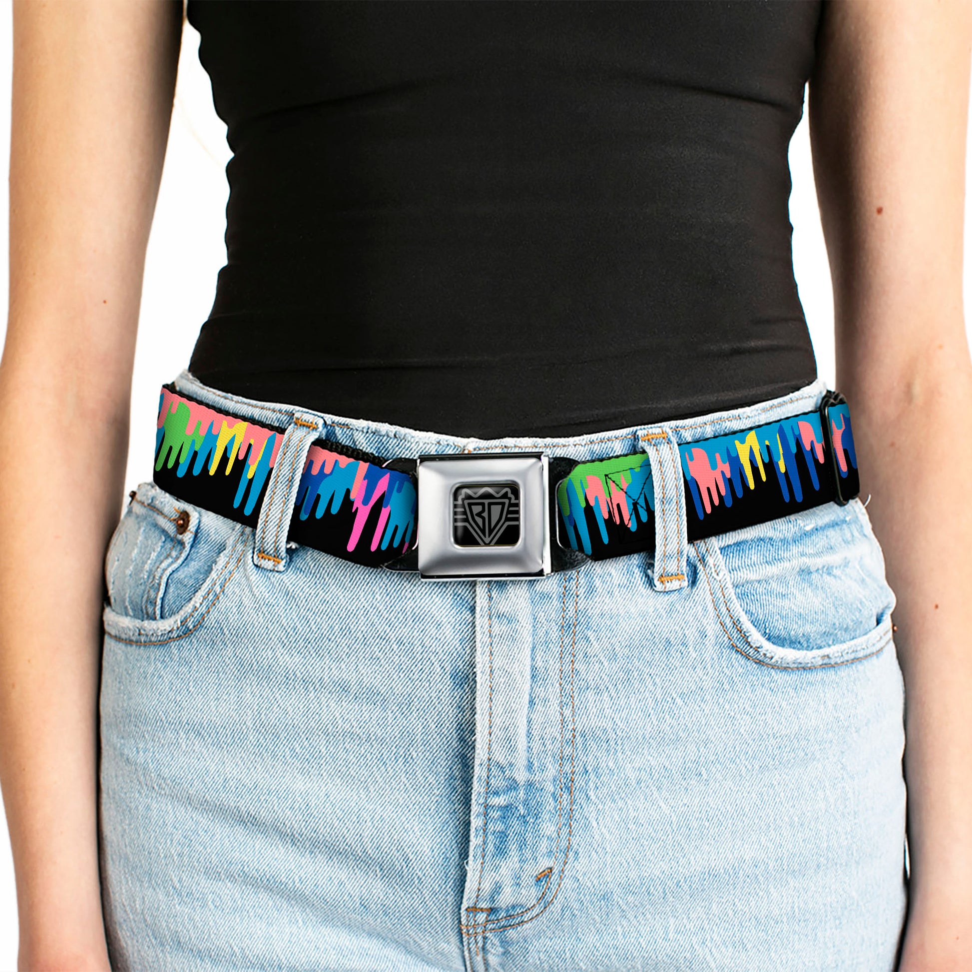 BD Wings Logo CLOSE-UP Full Color Black Silver Seatbelt Belt - Paint Drips Black/Multi Neon Webbing Seatbelt Belts Buckle-Down