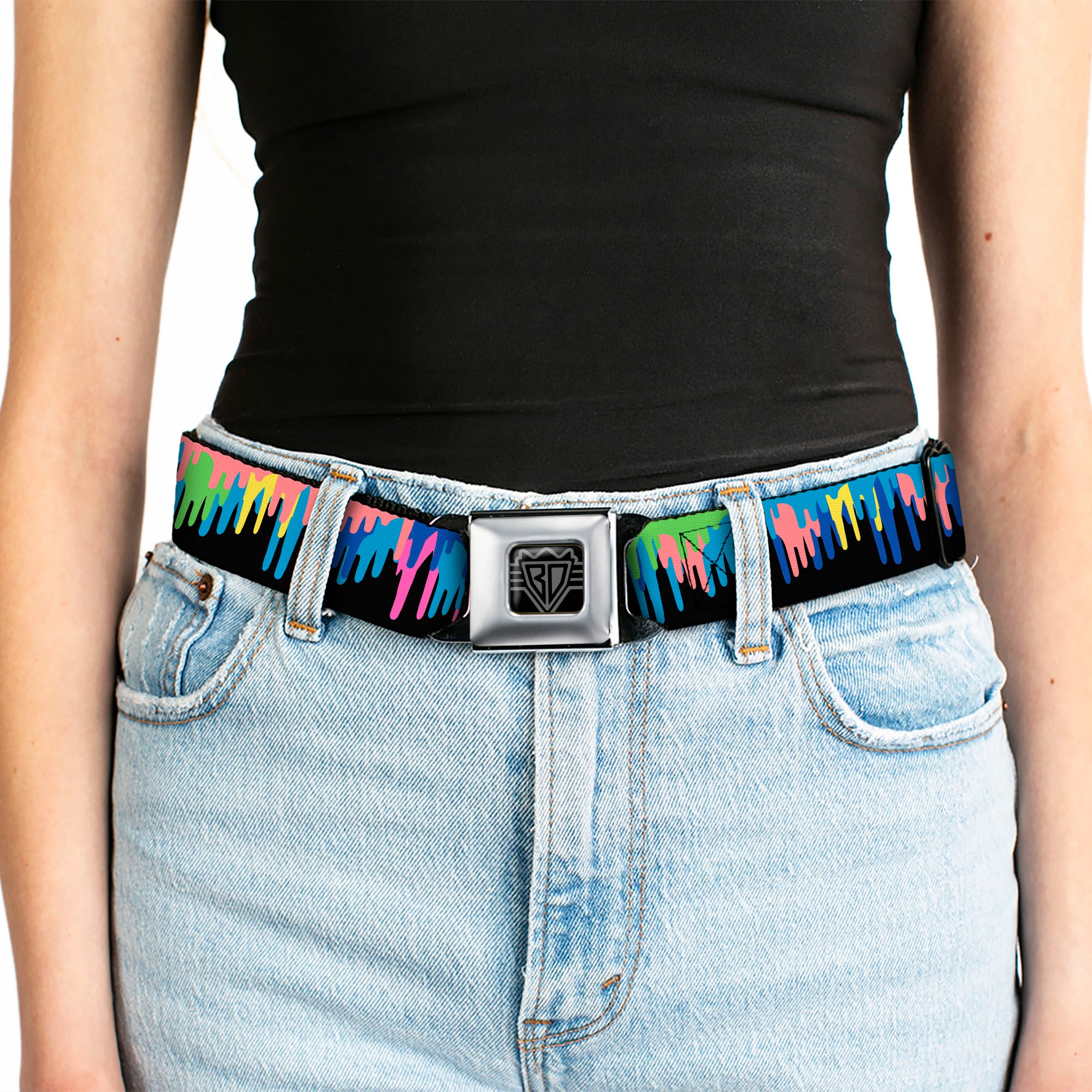 BD Wings Logo CLOSE-UP Full Color Black Silver Seatbelt Belt - Paint Drips Black/Multi Neon Webbing Seatbelt Belts Buckle-Down