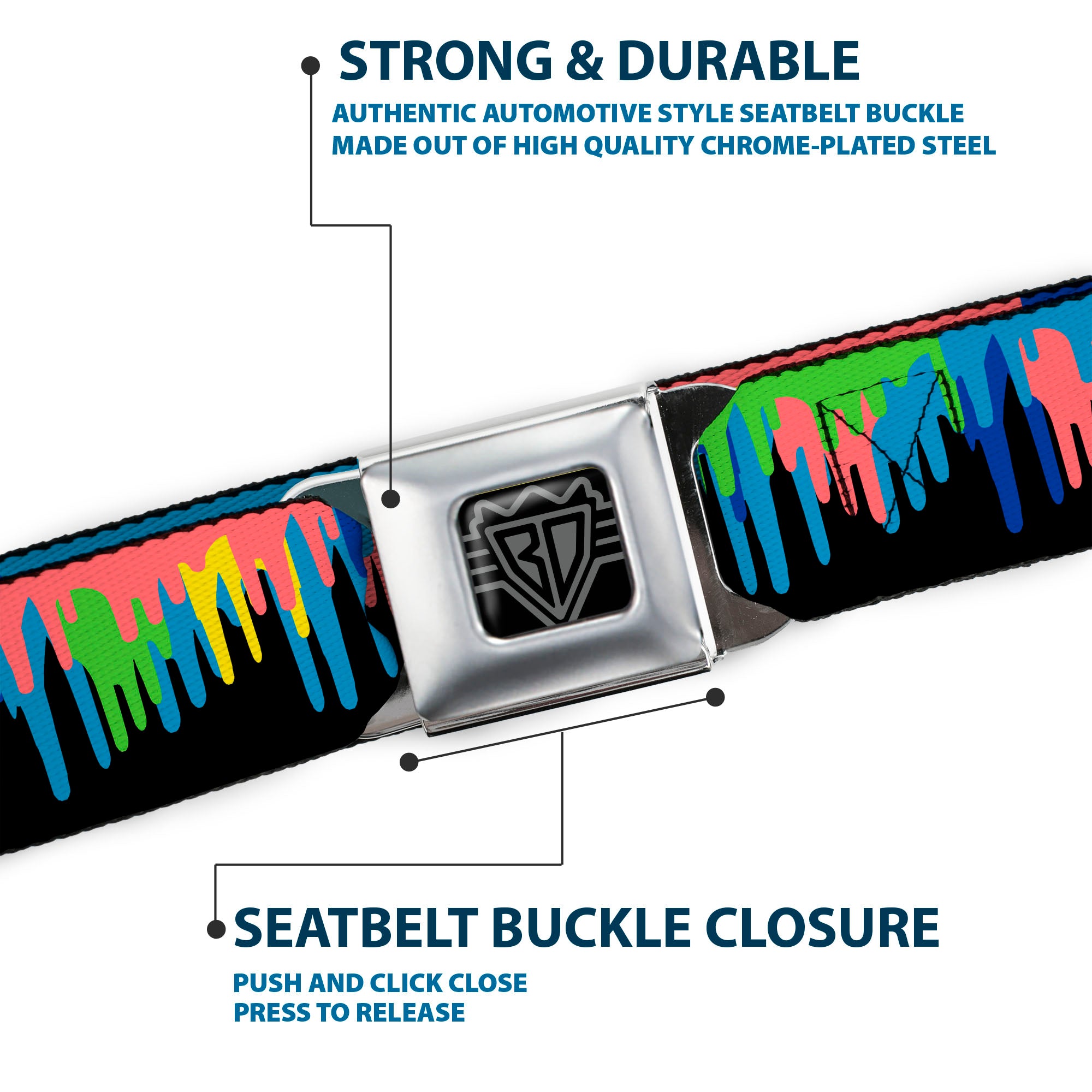 BD Wings Logo CLOSE-UP Full Color Black Silver Seatbelt Belt - Paint Drips Black/Multi Neon Webbing Seatbelt Belts Buckle-Down