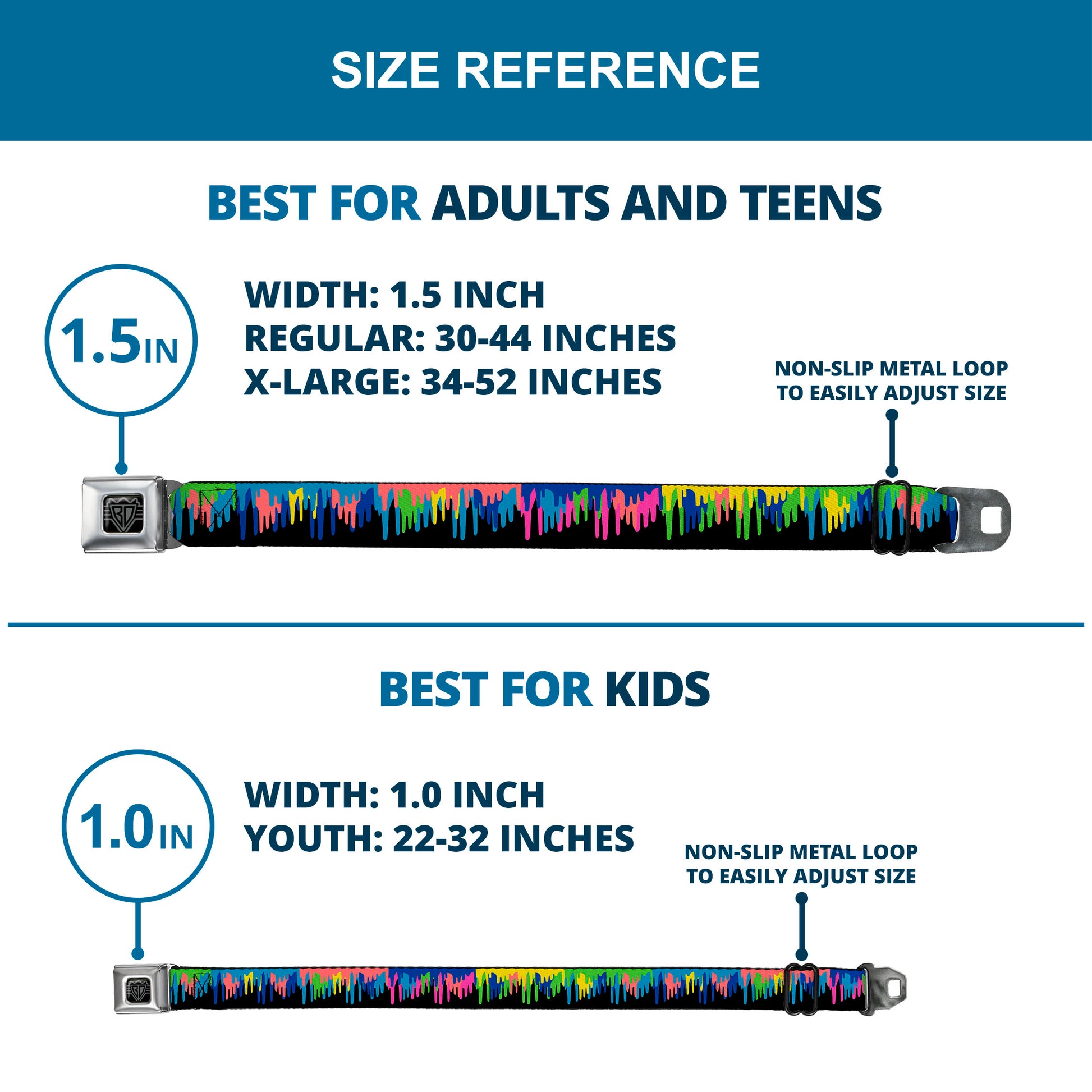 BD Wings Logo CLOSE-UP Full Color Black Silver Seatbelt Belt - Paint Drips Black/Multi Neon Webbing Seatbelt Belts Buckle-Down