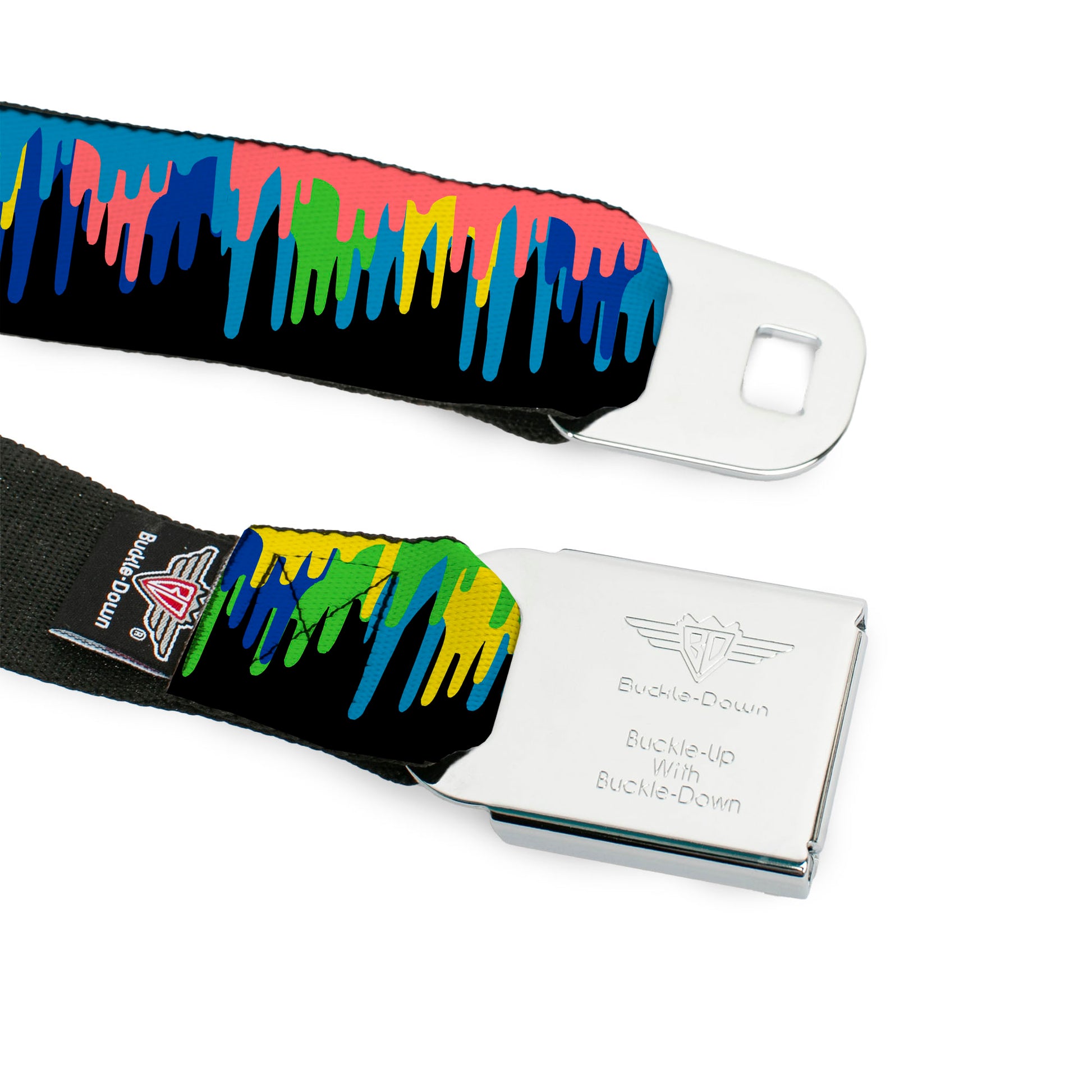 BD Wings Logo CLOSE-UP Full Color Black Silver Seatbelt Belt - Paint Drips Black/Multi Neon Webbing Seatbelt Belts Buckle-Down