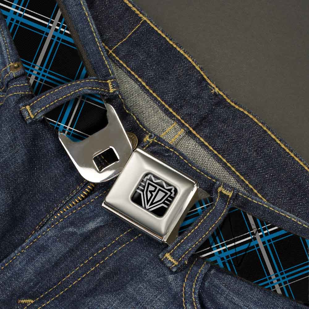 BD Wings Logo CLOSE-UP Full Color Black Silver Seatbelt Belt - Plaid Black/Turquoise/Gray Webbing Seatbelt Belts Buckle-Down