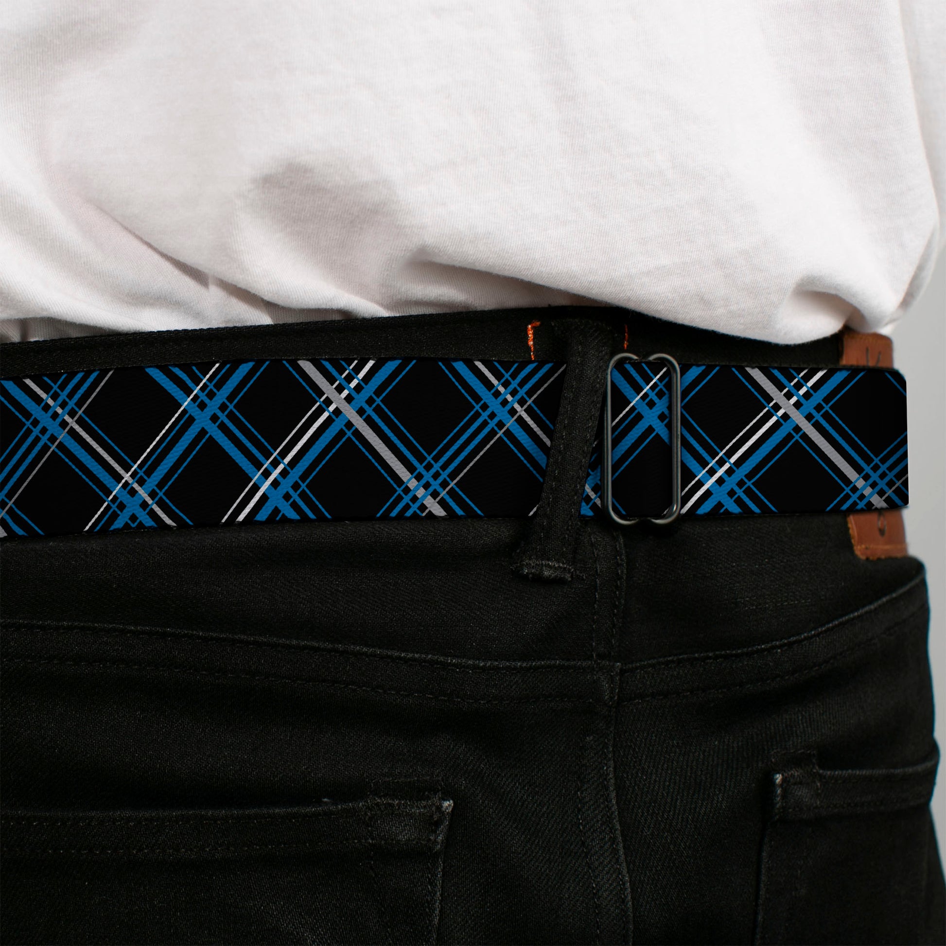 BD Wings Logo CLOSE-UP Full Color Black Silver Seatbelt Belt - Plaid Black/Turquoise/Gray Webbing Seatbelt Belts Buckle-Down