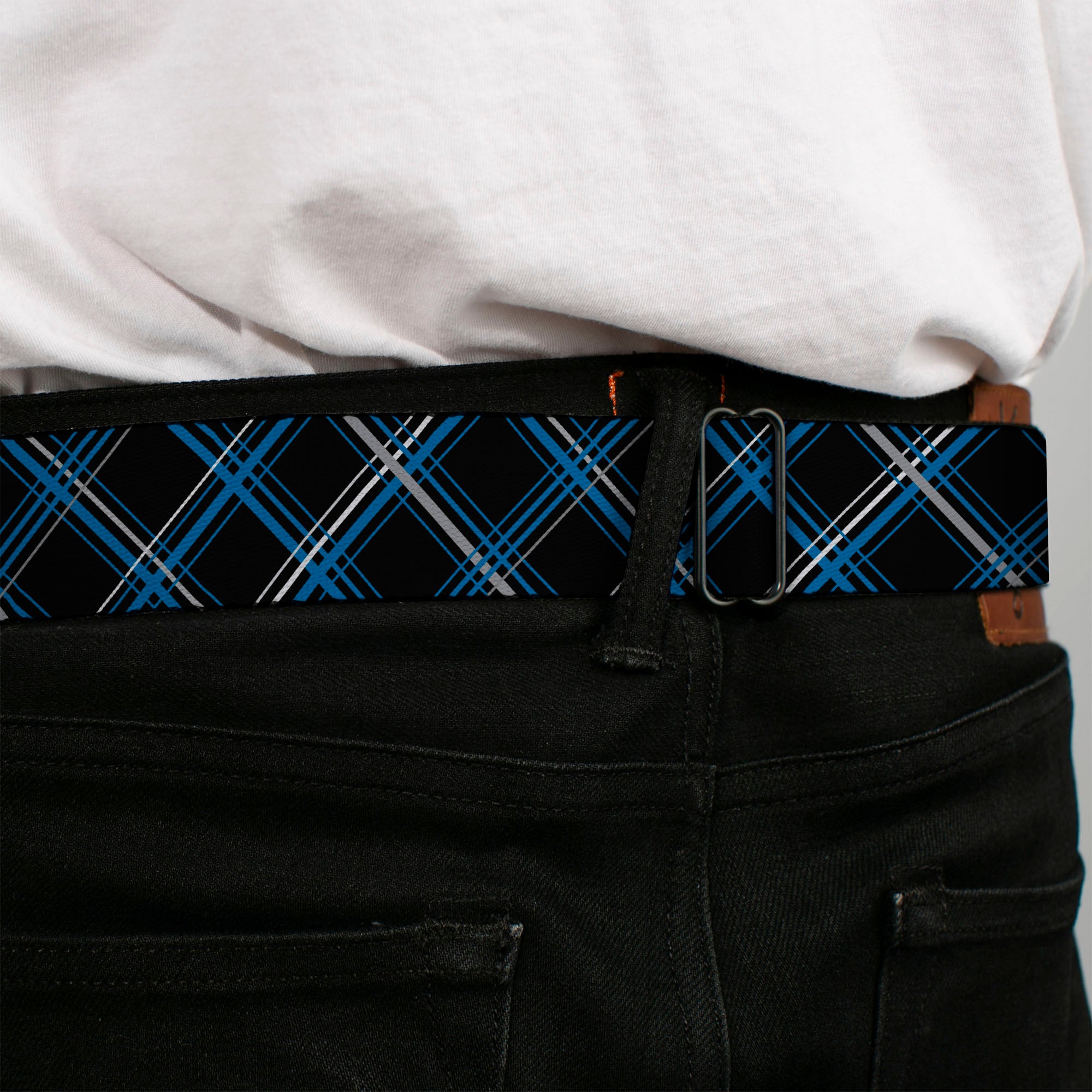 BD Wings Logo CLOSE-UP Full Color Black Silver Seatbelt Belt - Plaid Black/Turquoise/Gray Webbing Seatbelt Belts Buckle-Down