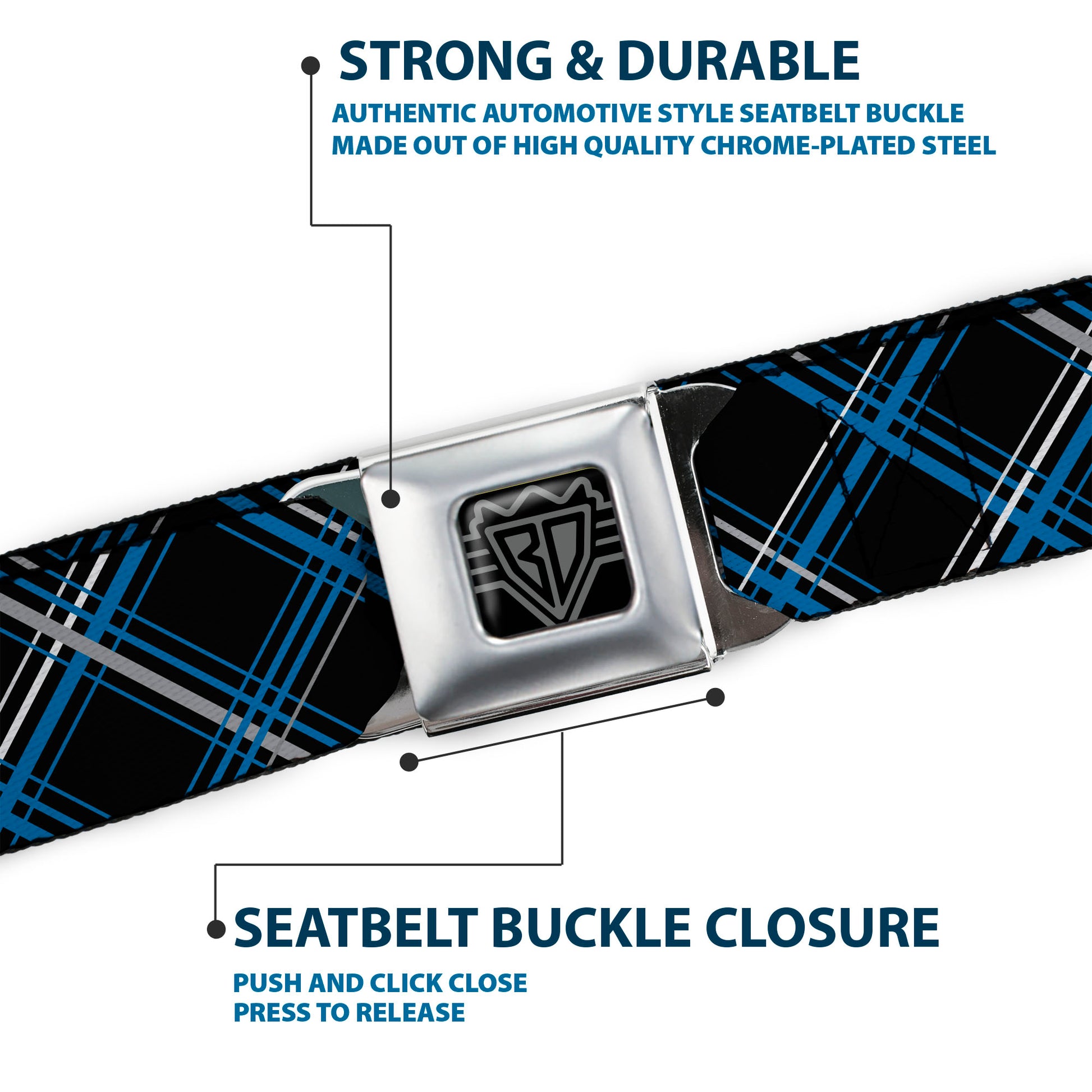 BD Wings Logo CLOSE-UP Full Color Black Silver Seatbelt Belt - Plaid Black/Turquoise/Gray Webbing Seatbelt Belts Buckle-Down