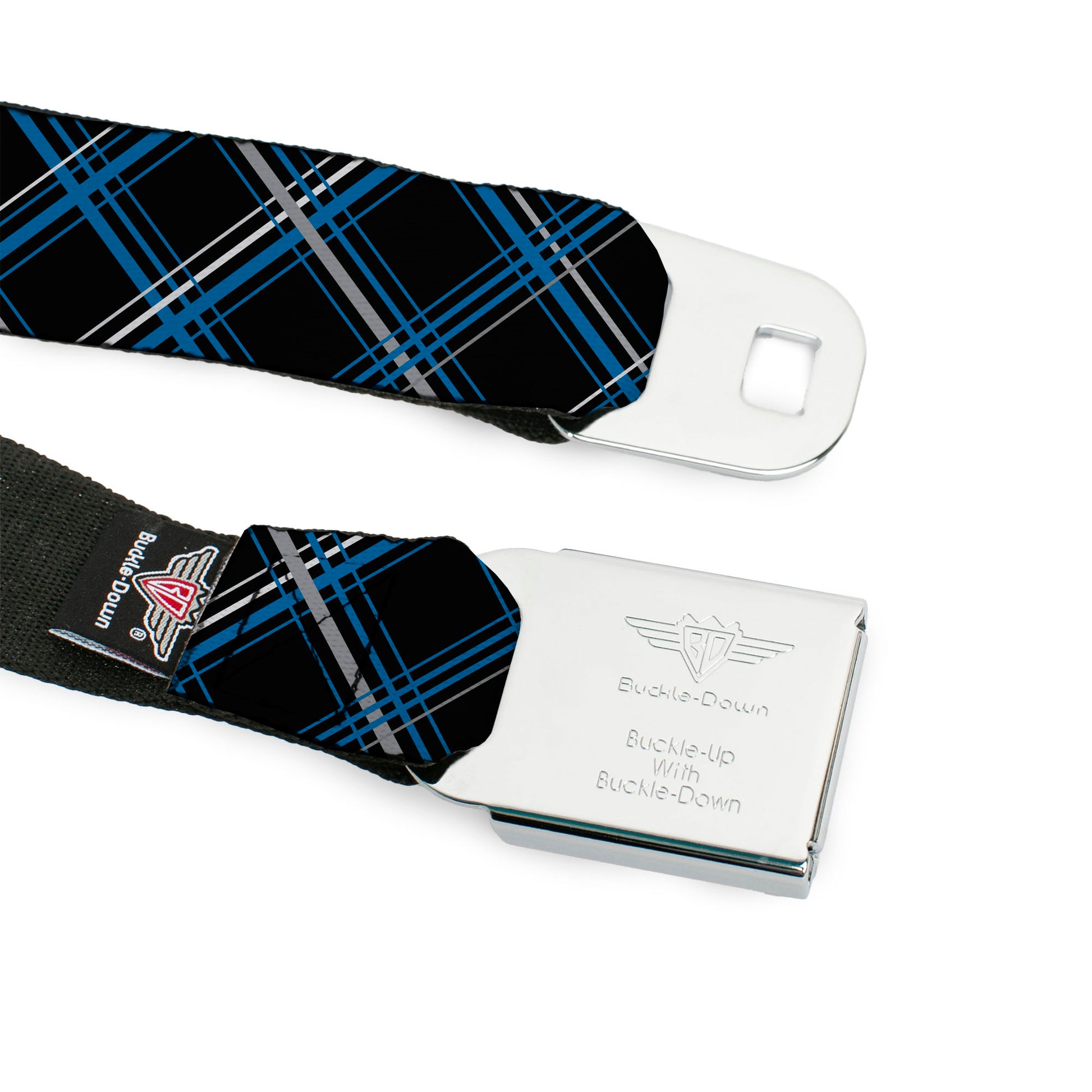 BD Wings Logo CLOSE-UP Full Color Black Silver Seatbelt Belt - Plaid Black/Turquoise/Gray Webbing Seatbelt Belts Buckle-Down