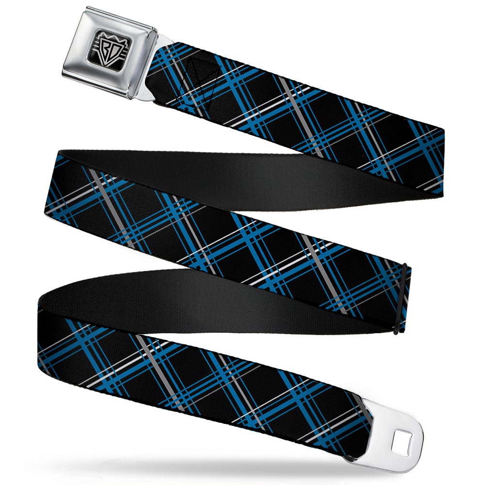 BD Wings Logo CLOSE-UP Full Color Black Silver Seatbelt Belt - Plaid Black/Turquoise/Gray Webbing Seatbelt Belts Buckle-Down
