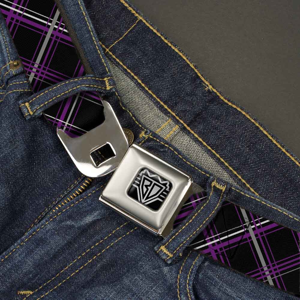 BD Wings Logo CLOSE-UP Full Color Black Silver Seatbelt Belt - Plaid Black/Purple/Gray Webbing Seatbelt Belts Buckle-Down