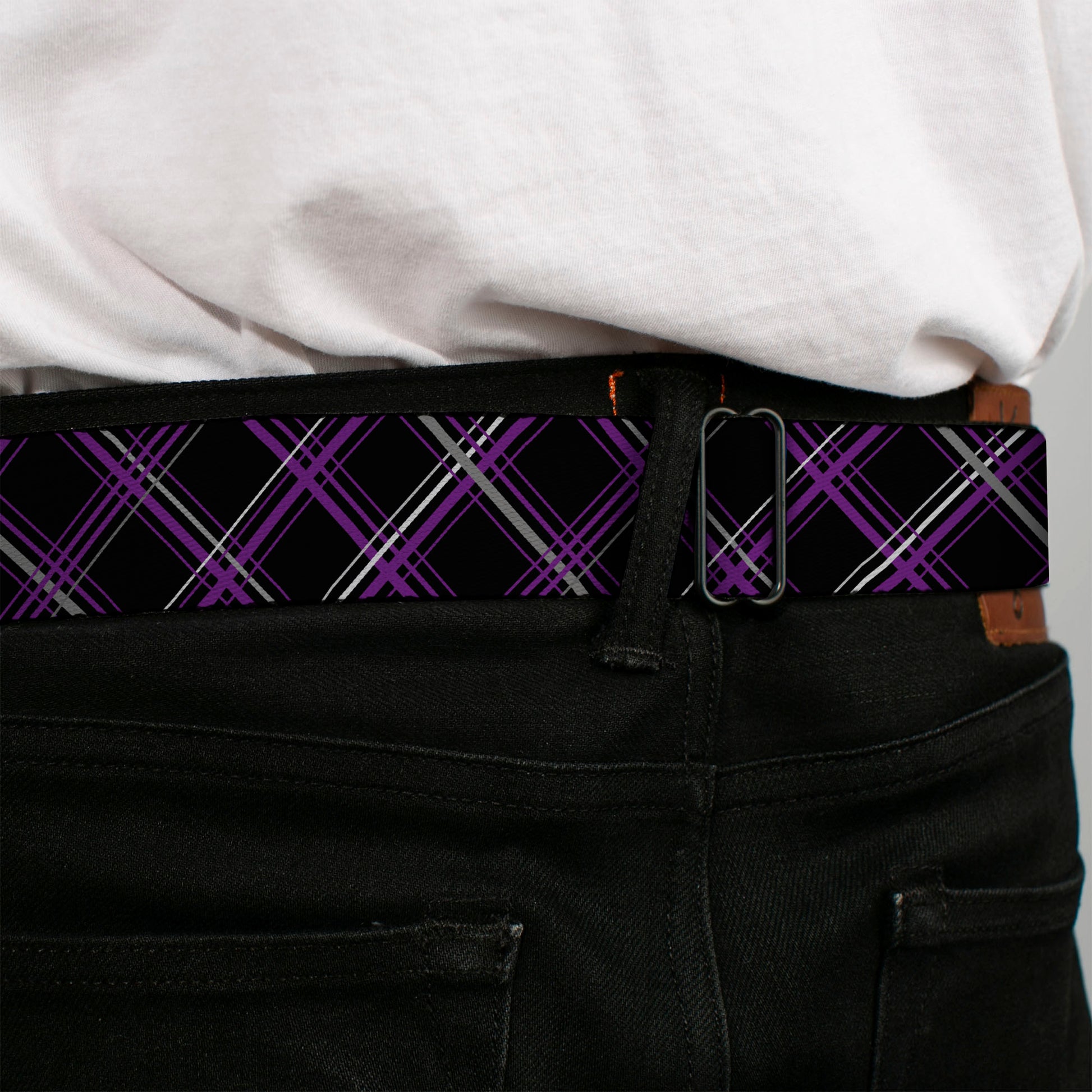 BD Wings Logo CLOSE-UP Full Color Black Silver Seatbelt Belt - Plaid Black/Purple/Gray Webbing Seatbelt Belts Buckle-Down