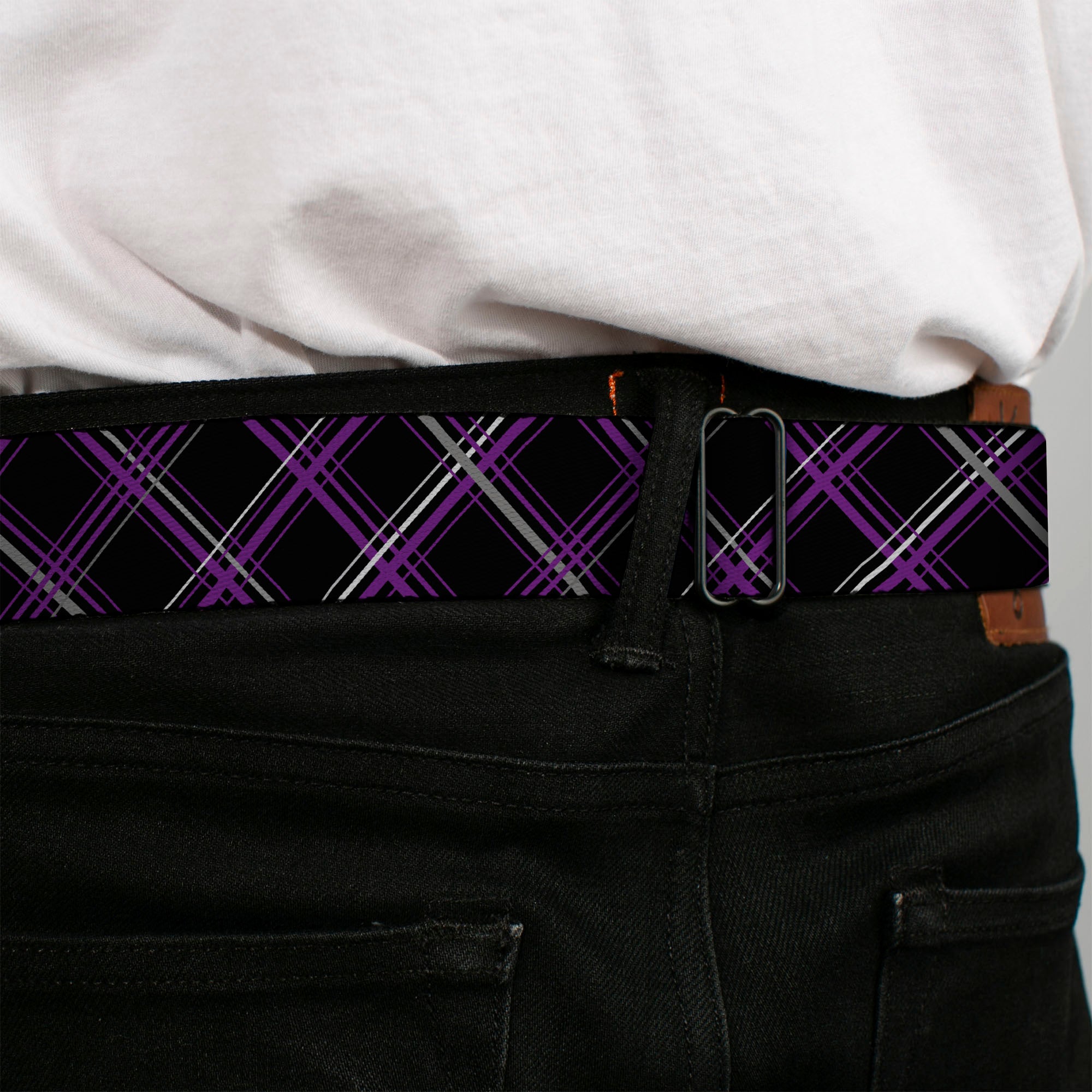 BD Wings Logo CLOSE-UP Full Color Black Silver Seatbelt Belt - Plaid Black/Purple/Gray Webbing Seatbelt Belts Buckle-Down
