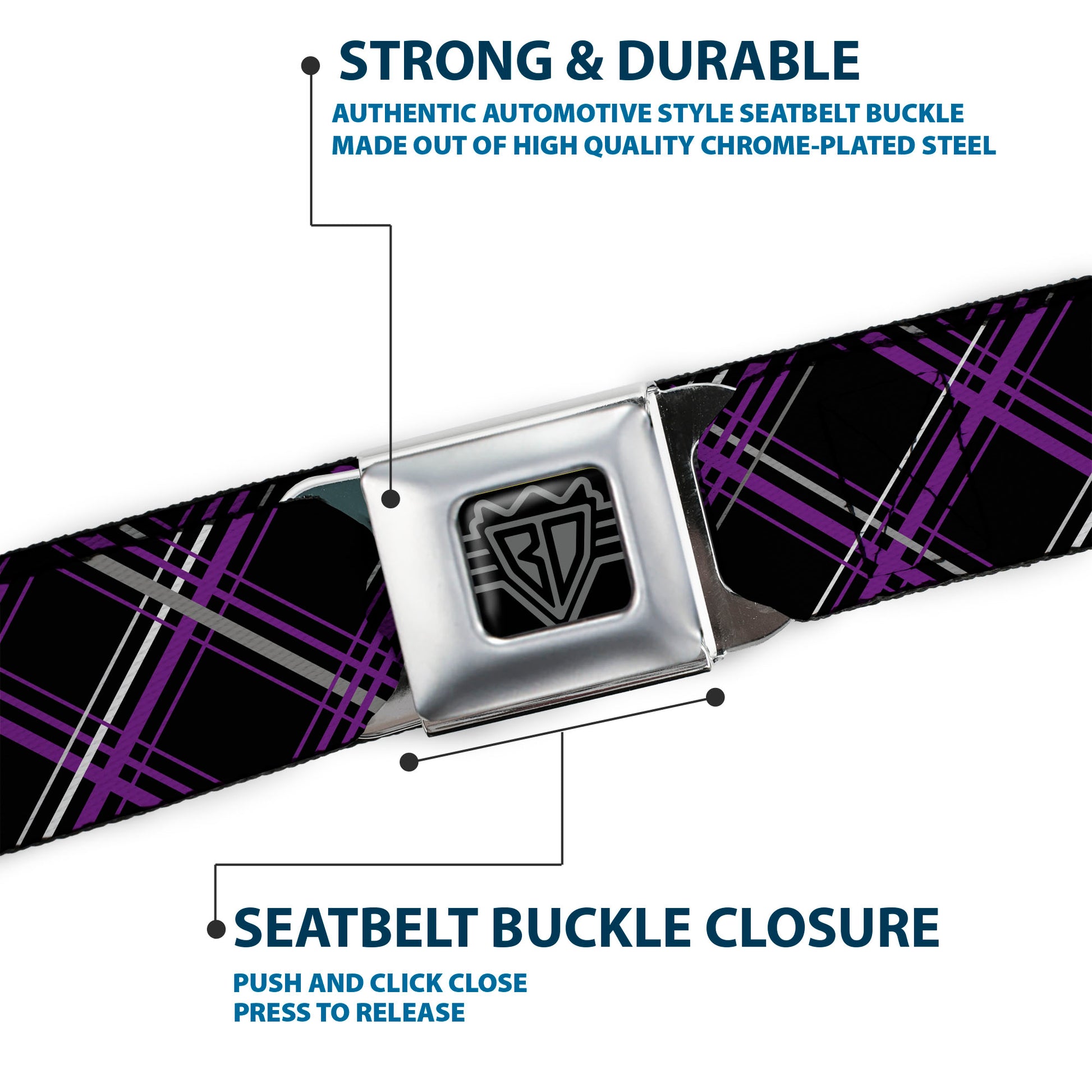 BD Wings Logo CLOSE-UP Full Color Black Silver Seatbelt Belt - Plaid Black/Purple/Gray Webbing Seatbelt Belts Buckle-Down