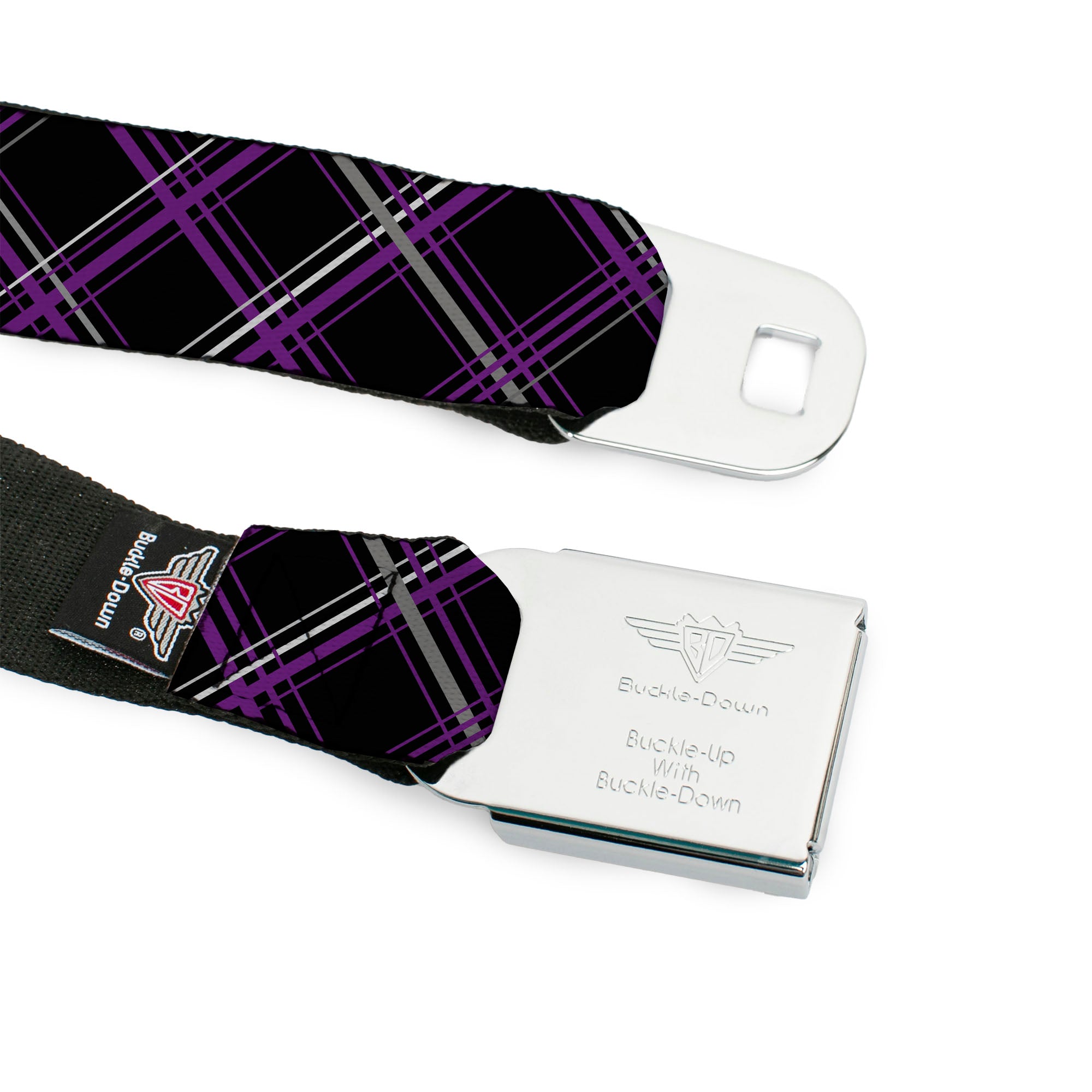 BD Wings Logo CLOSE-UP Full Color Black Silver Seatbelt Belt - Plaid Black/Purple/Gray Webbing Seatbelt Belts Buckle-Down