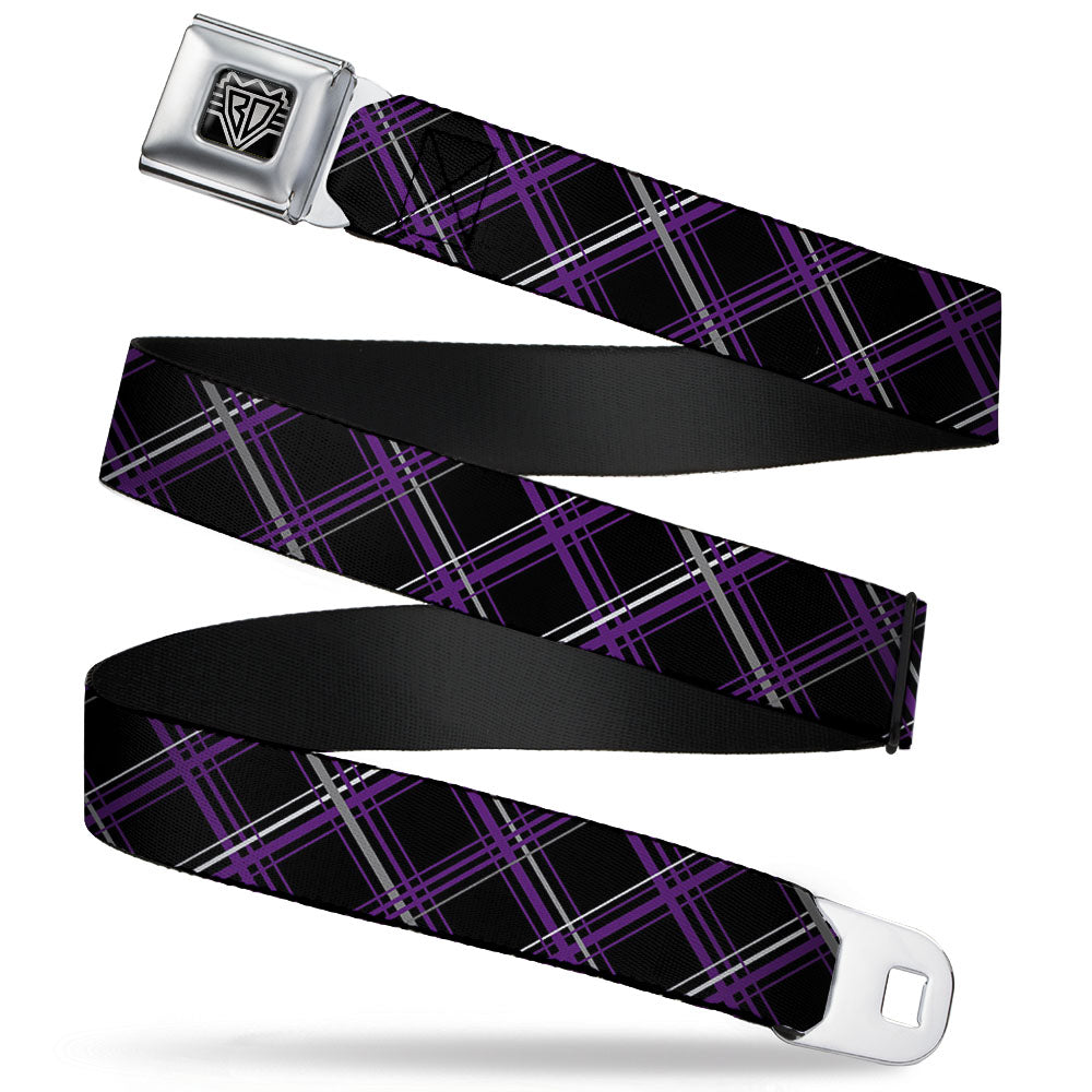 BD Wings Logo CLOSE-UP Full Color Black Silver Seatbelt Belt - Plaid Black/Purple/Gray Webbing Seatbelt Belts Buckle-Down