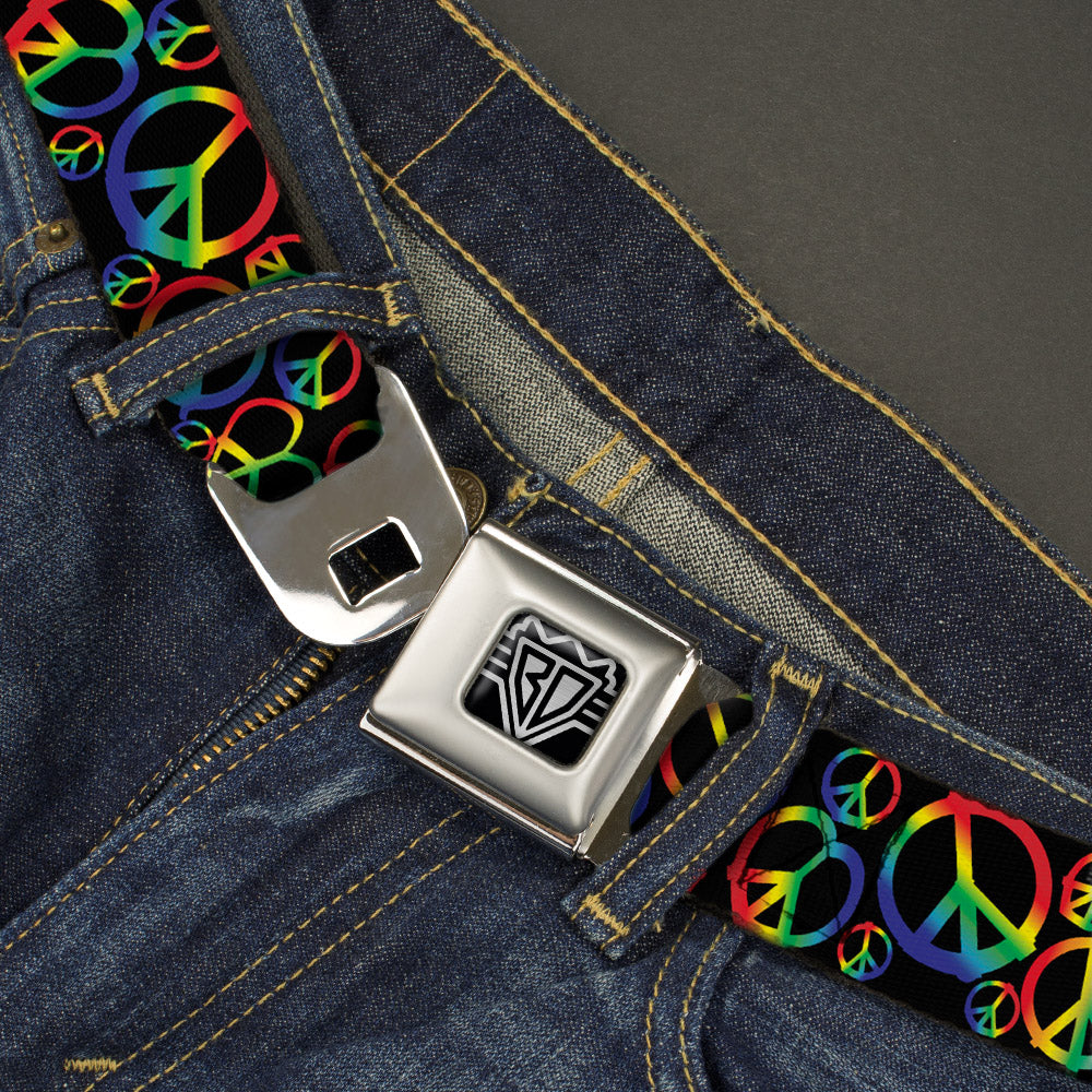 BD Wings Logo CLOSE-UP Full Color Black Silver Seatbelt Belt - Peace Heart Black/Rainbow Ombre Webbing Seatbelt Belts Buckle-Down