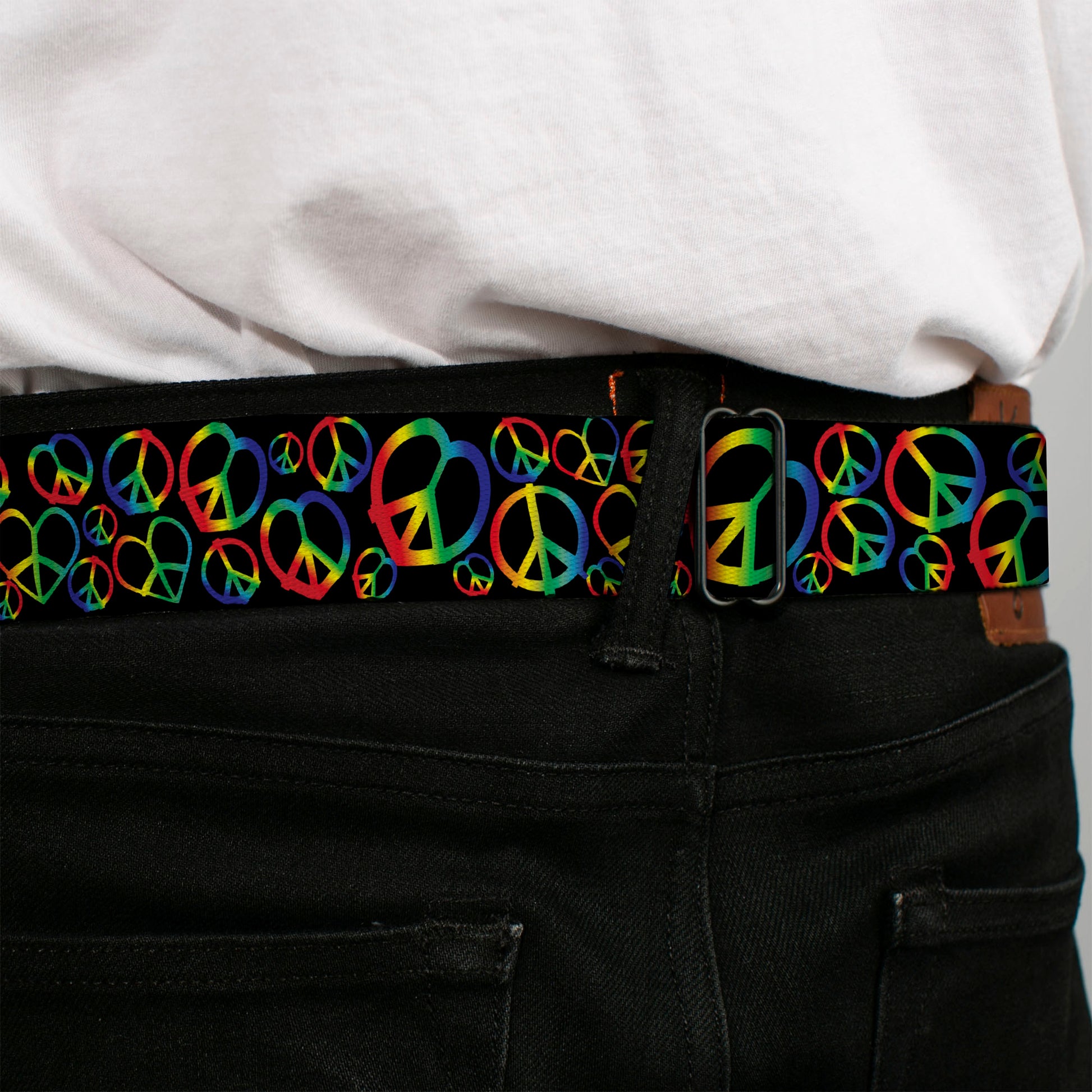 BD Wings Logo CLOSE-UP Full Color Black Silver Seatbelt Belt - Peace Heart Black/Rainbow Ombre Webbing Seatbelt Belts Buckle-Down