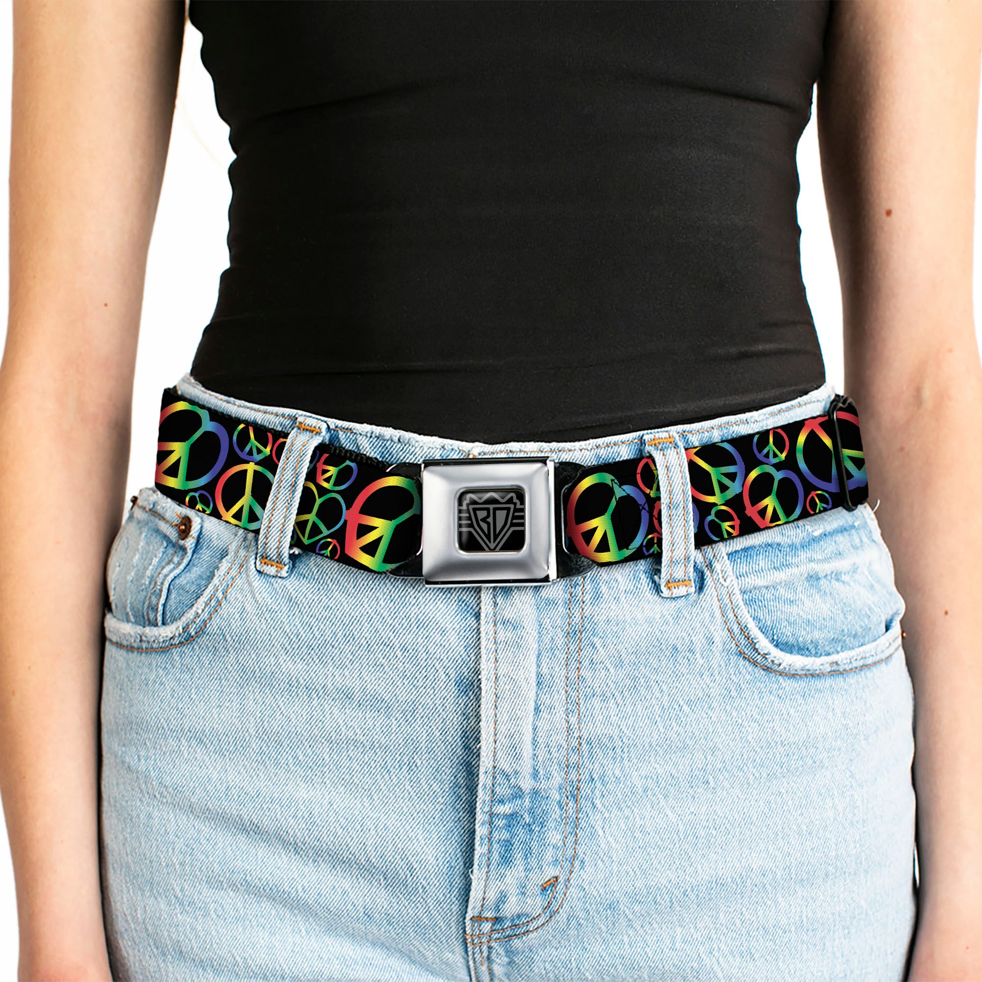 BD Wings Logo CLOSE-UP Full Color Black Silver Seatbelt Belt - Peace Heart Black/Rainbow Ombre Webbing Seatbelt Belts Buckle-Down