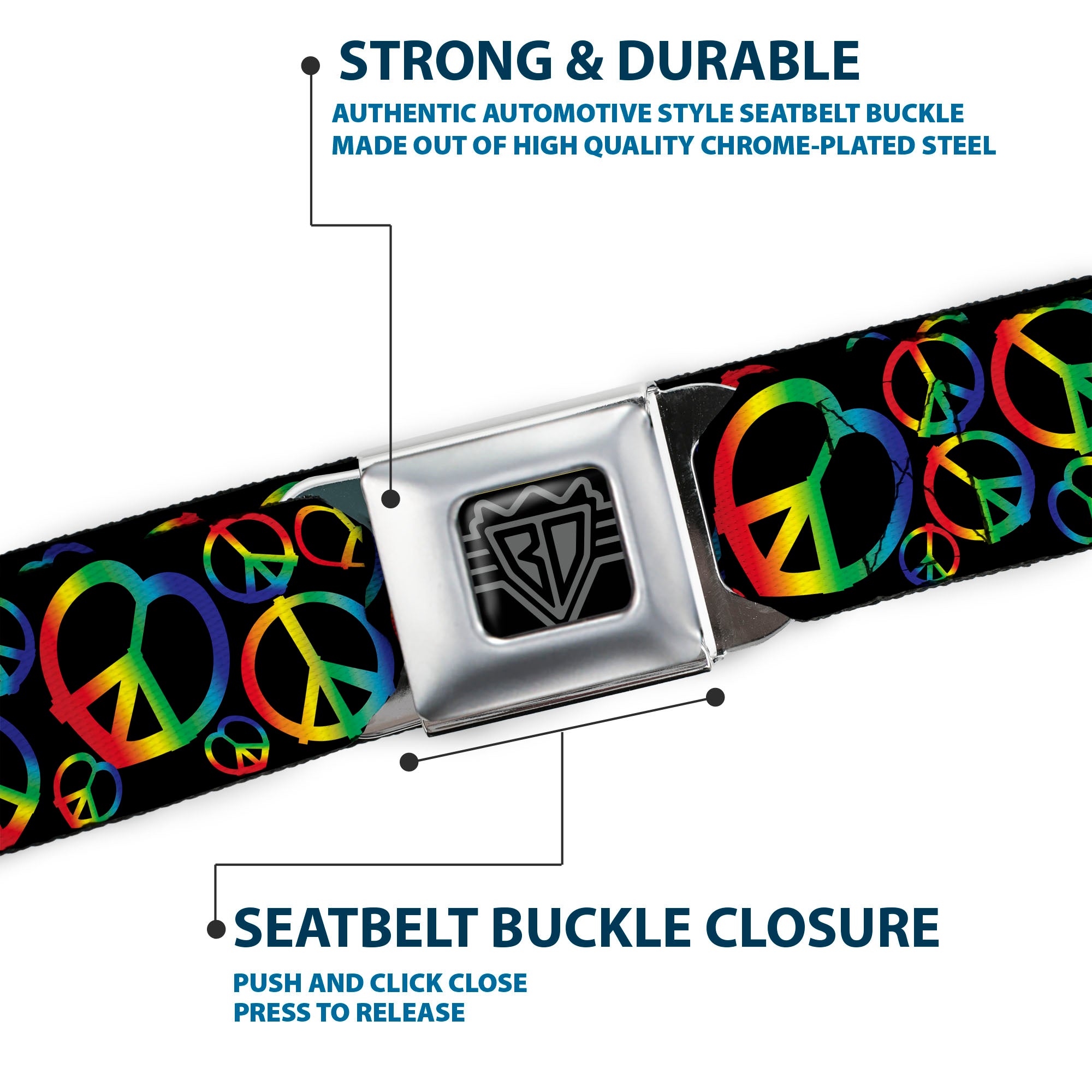 BD Wings Logo CLOSE-UP Full Color Black Silver Seatbelt Belt - Peace Heart Black/Rainbow Ombre Webbing Seatbelt Belts Buckle-Down