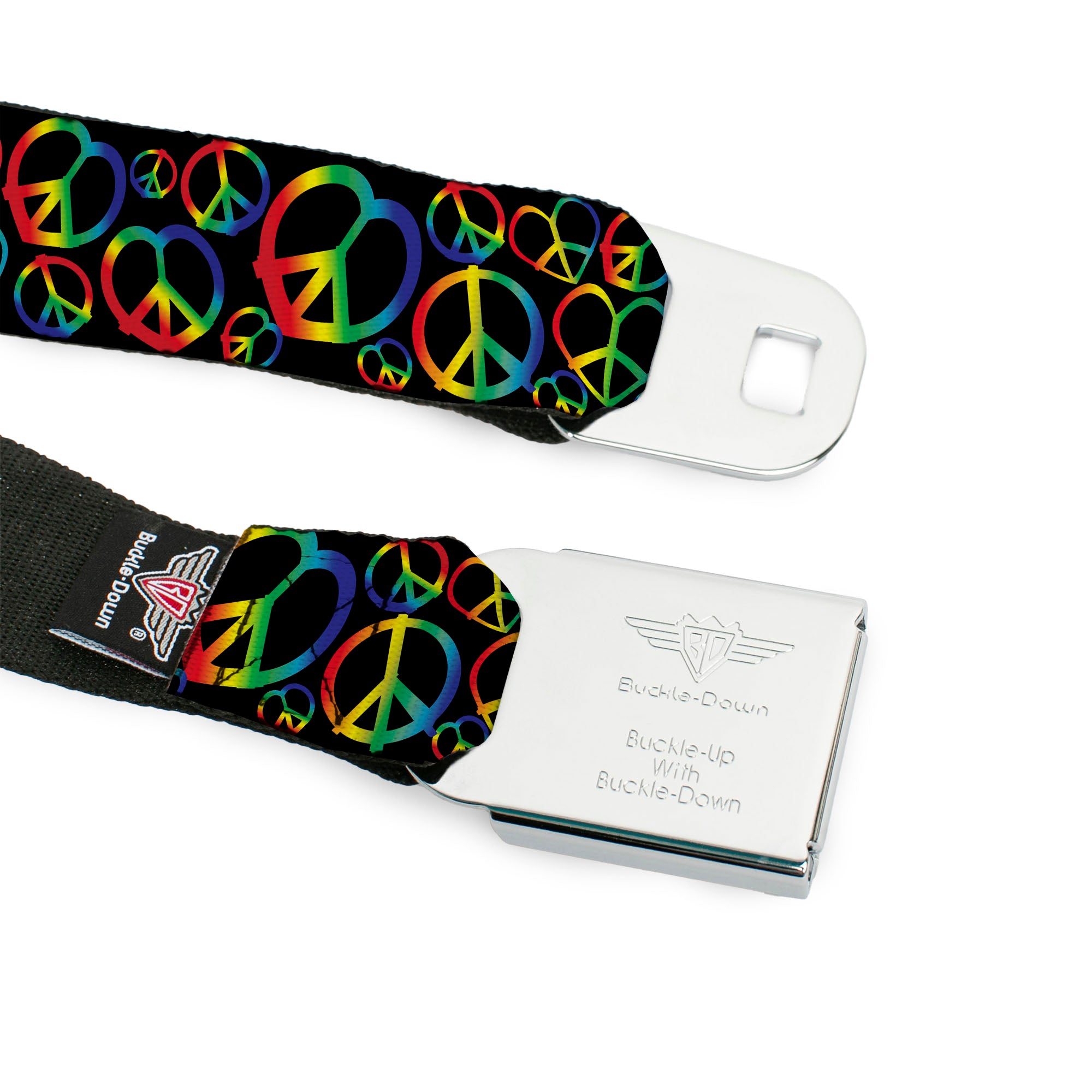BD Wings Logo CLOSE-UP Full Color Black Silver Seatbelt Belt - Peace Heart Black/Rainbow Ombre Webbing Seatbelt Belts Buckle-Down