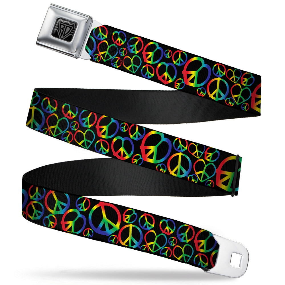 BD Wings Logo CLOSE-UP Full Color Black Silver Seatbelt Belt - Peace Heart Black/Rainbow Ombre Webbing Seatbelt Belts Buckle-Down