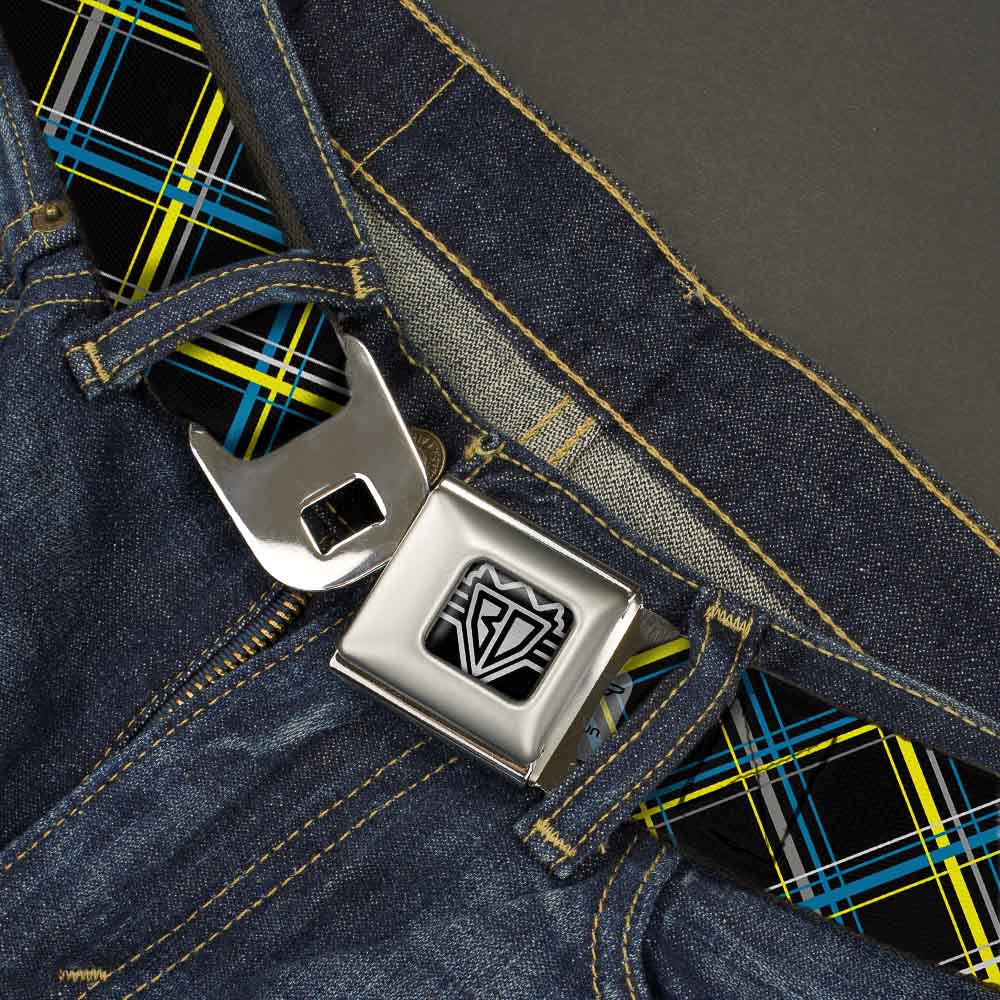 BD Wings Logo CLOSE-UP Full Color Black Silver Seatbelt Belt - Plaid Black/Yellow/Turquoise/Gray Webbing Seatbelt Belts Buckle-Down
