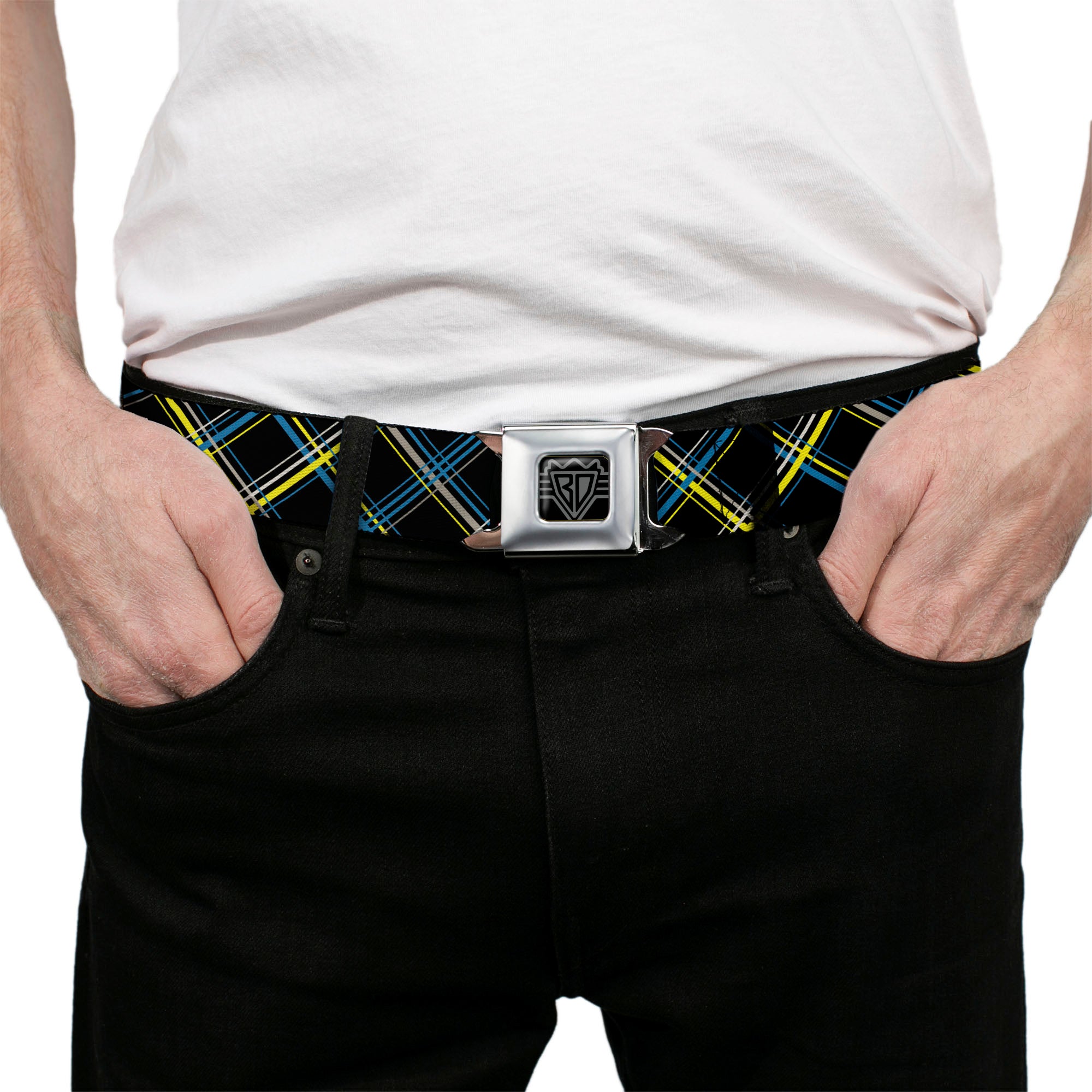 BD Wings Logo CLOSE-UP Full Color Black Silver Seatbelt Belt - Plaid Black/Yellow/Turquoise/Gray Webbing Seatbelt Belts Buckle-Down