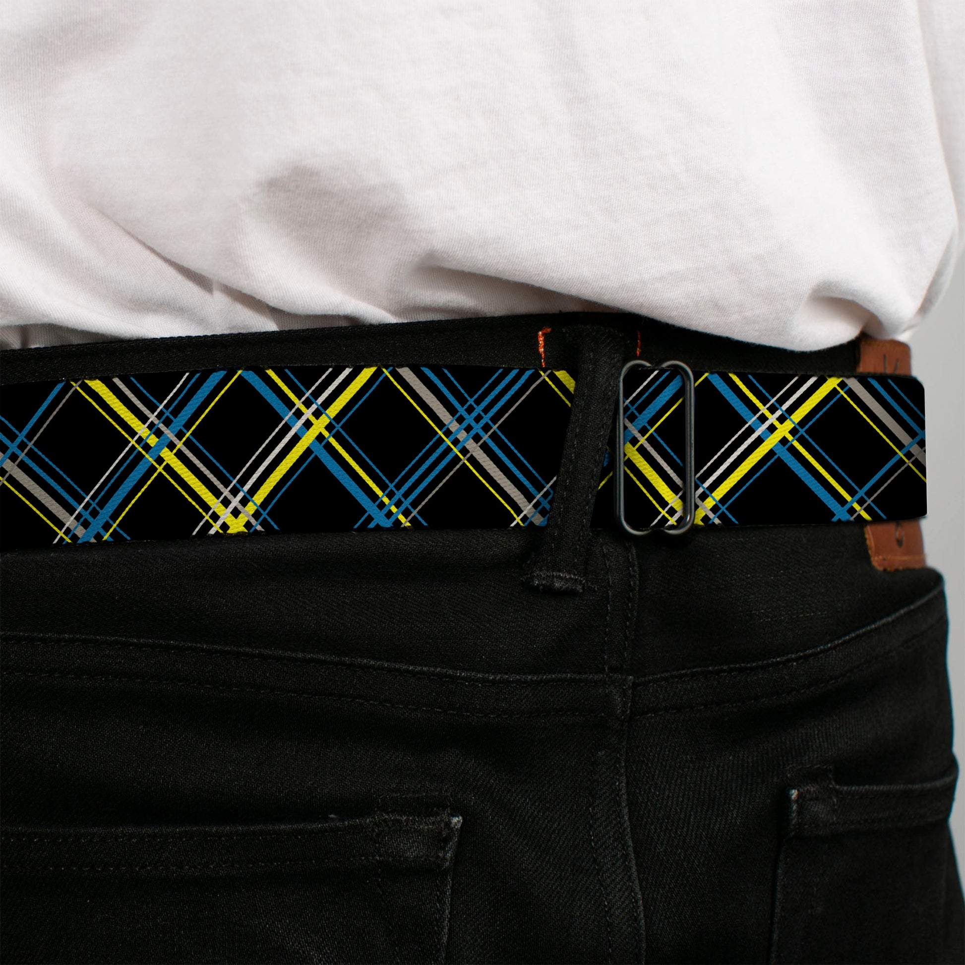 BD Wings Logo CLOSE-UP Full Color Black Silver Seatbelt Belt - Plaid Black/Yellow/Turquoise/Gray Webbing Seatbelt Belts Buckle-Down