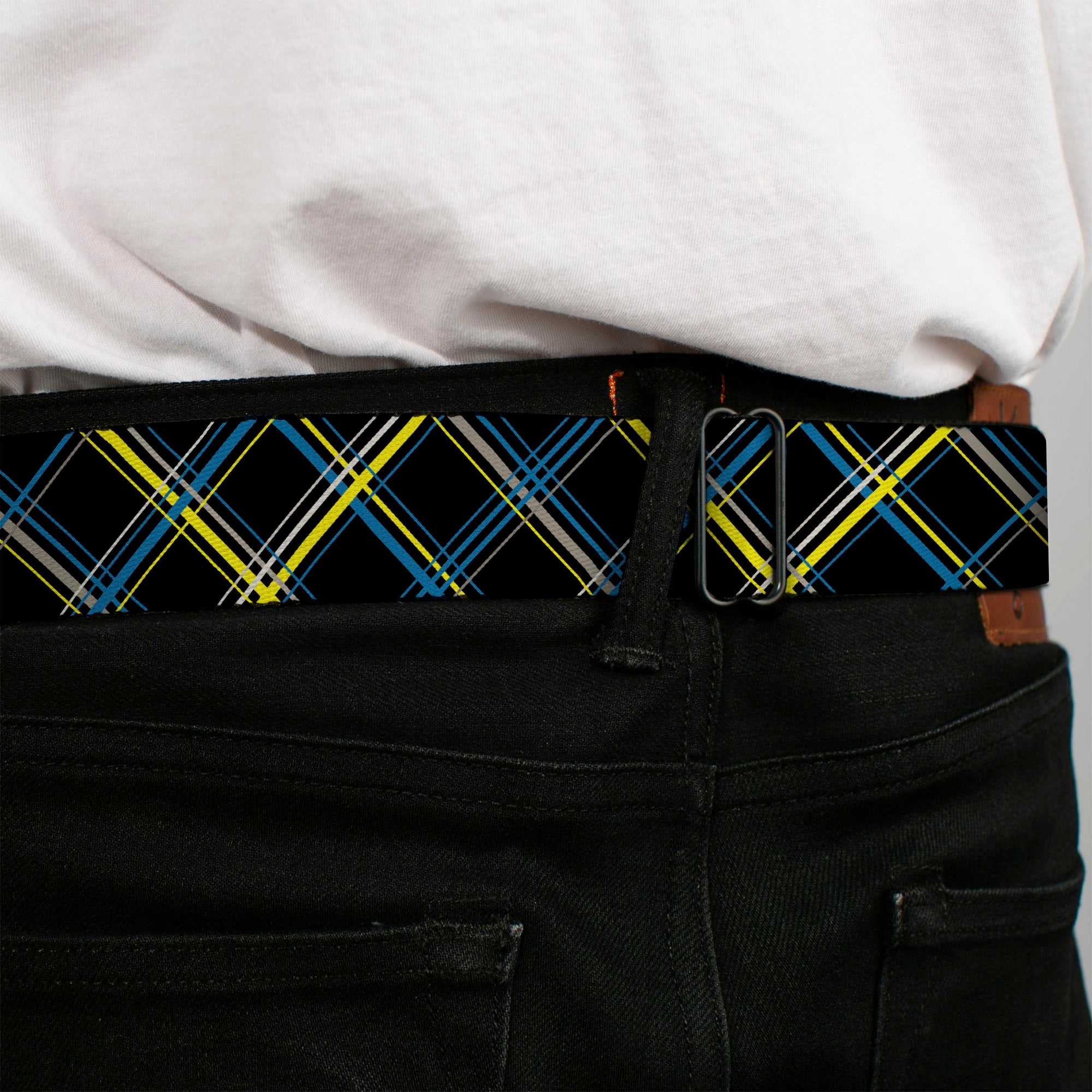 BD Wings Logo CLOSE-UP Full Color Black Silver Seatbelt Belt - Plaid Black/Yellow/Turquoise/Gray Webbing Seatbelt Belts Buckle-Down
