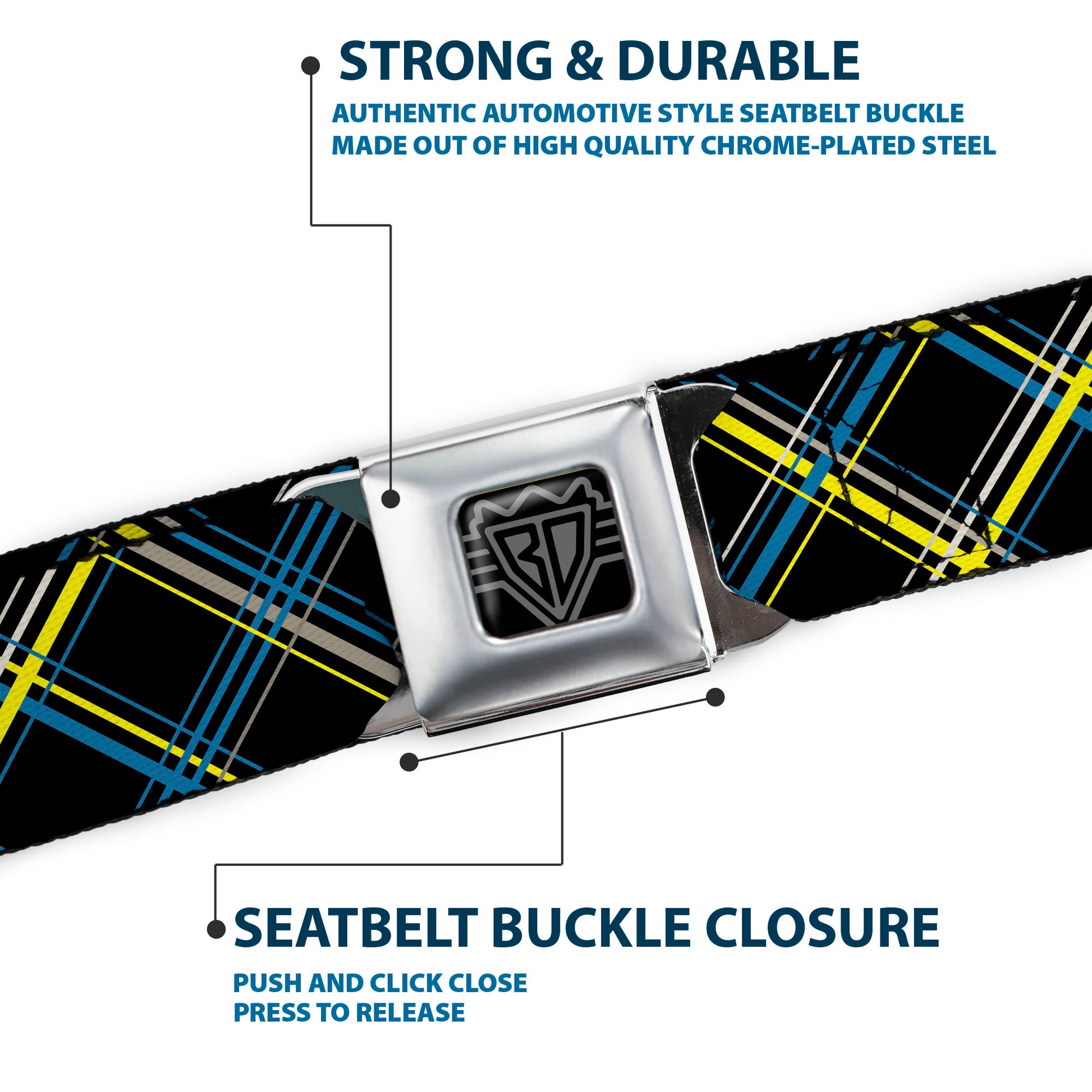 BD Wings Logo CLOSE-UP Full Color Black Silver Seatbelt Belt - Plaid Black/Yellow/Turquoise/Gray Webbing Seatbelt Belts Buckle-Down