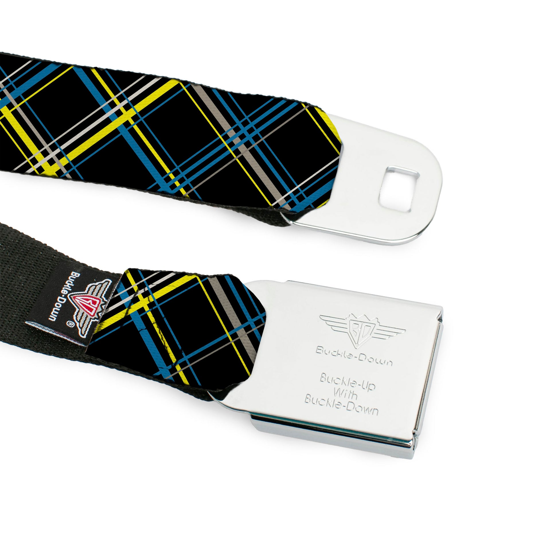 BD Wings Logo CLOSE-UP Full Color Black Silver Seatbelt Belt - Plaid Black/Yellow/Turquoise/Gray Webbing Seatbelt Belts Buckle-Down