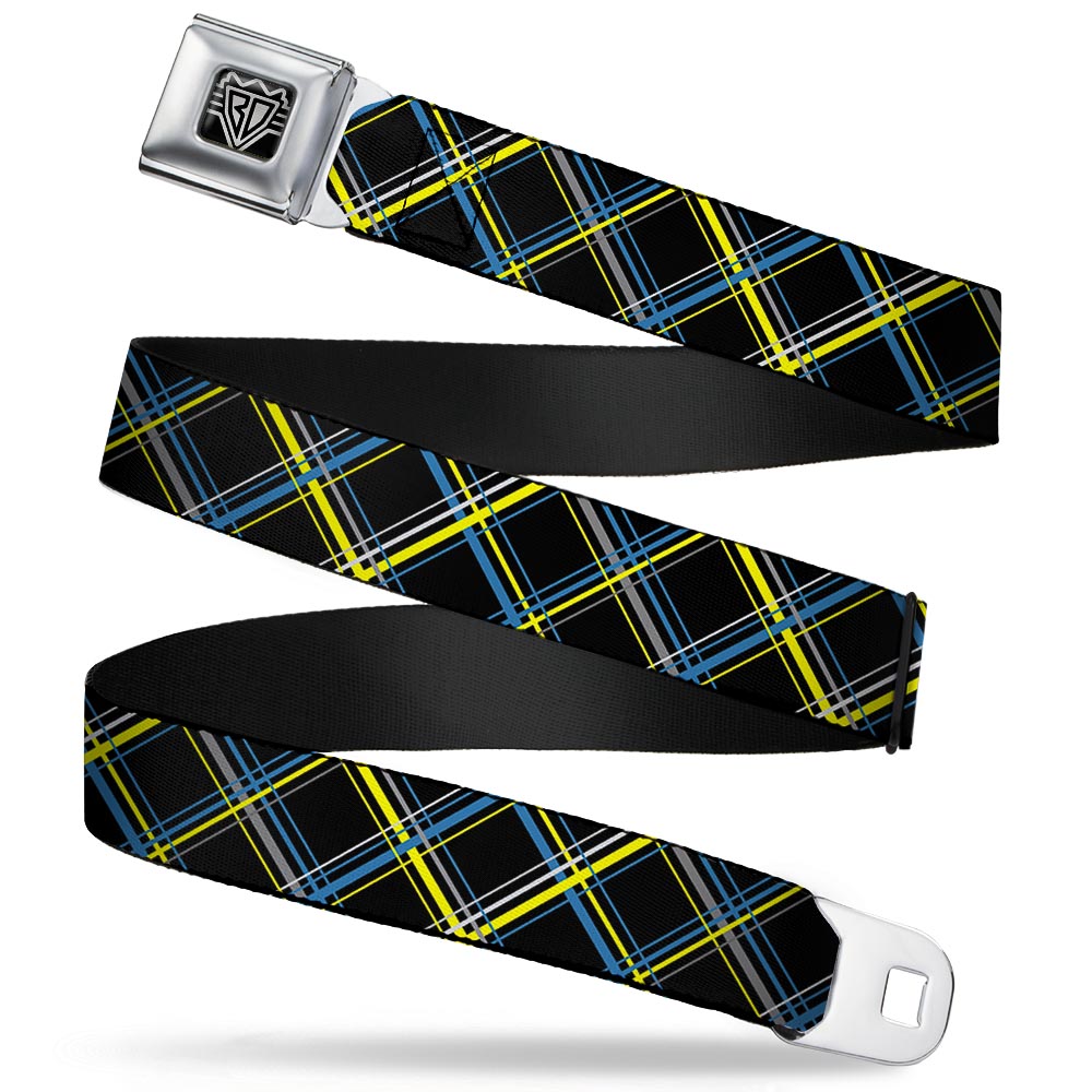 BD Wings Logo CLOSE-UP Full Color Black Silver Seatbelt Belt - Plaid Black/Yellow/Turquoise/Gray Webbing Seatbelt Belts Buckle-Down