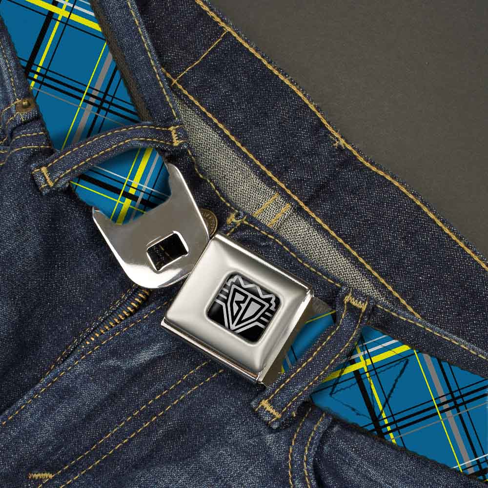 BD Wings Logo CLOSE-UP Full Color Black Silver Seatbelt Belt - Plaid Turquoise/Yellow/Black/Gray Webbing Seatbelt Belts Buckle-Down