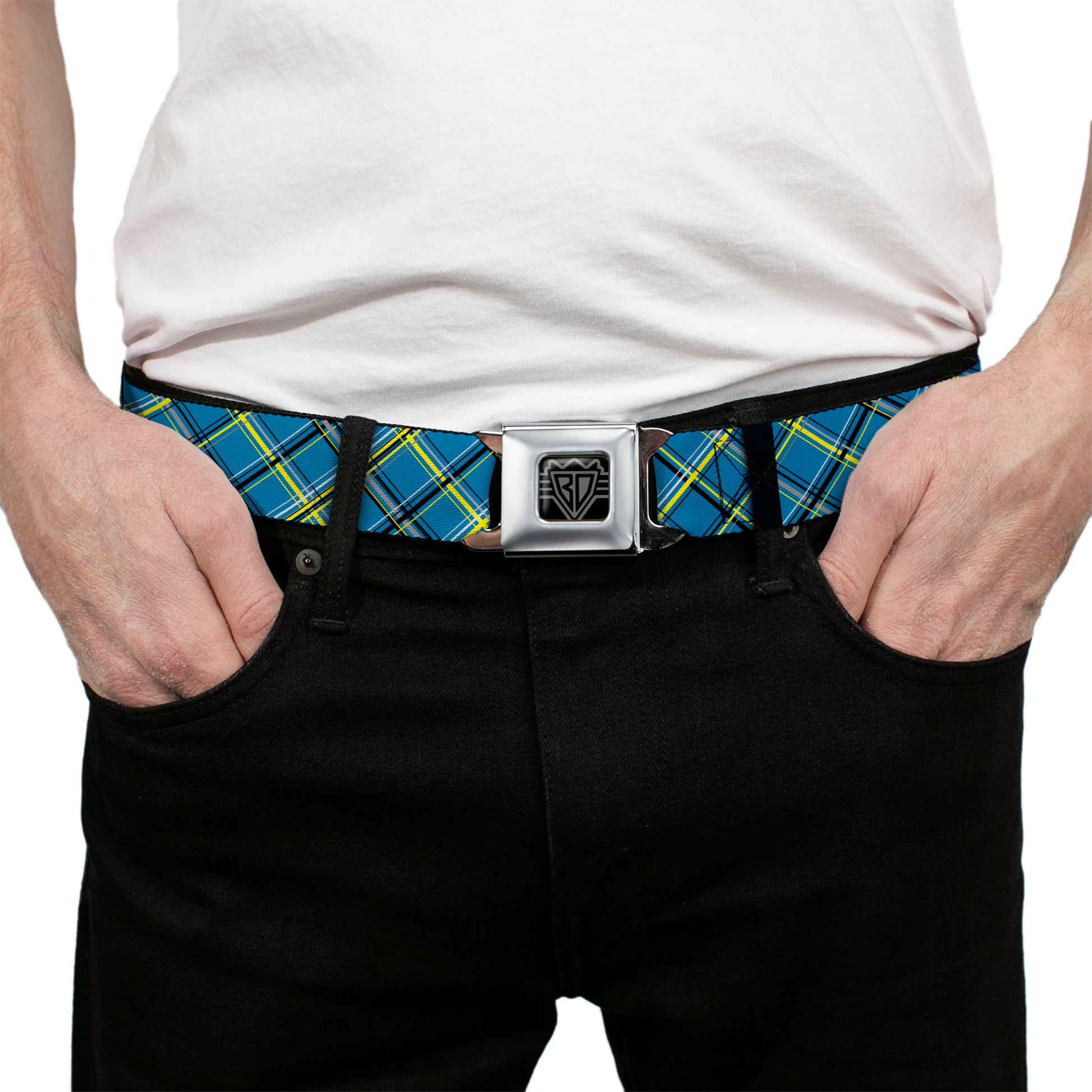 BD Wings Logo CLOSE-UP Full Color Black Silver Seatbelt Belt - Plaid Turquoise/Yellow/Black/Gray Webbing Seatbelt Belts Buckle-Down