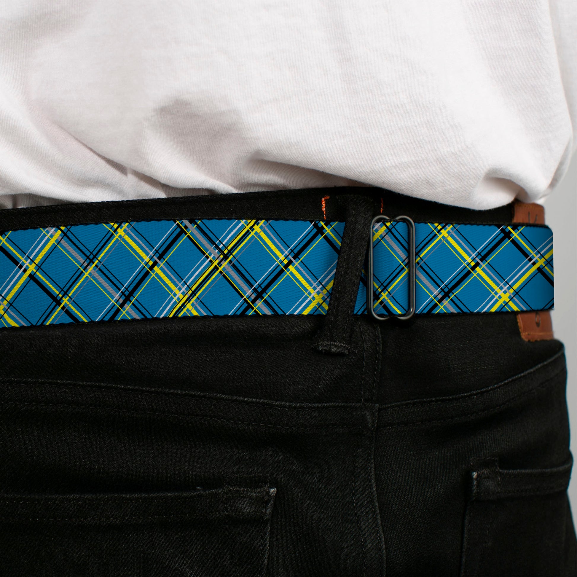 BD Wings Logo CLOSE-UP Full Color Black Silver Seatbelt Belt - Plaid Turquoise/Yellow/Black/Gray Webbing Seatbelt Belts Buckle-Down