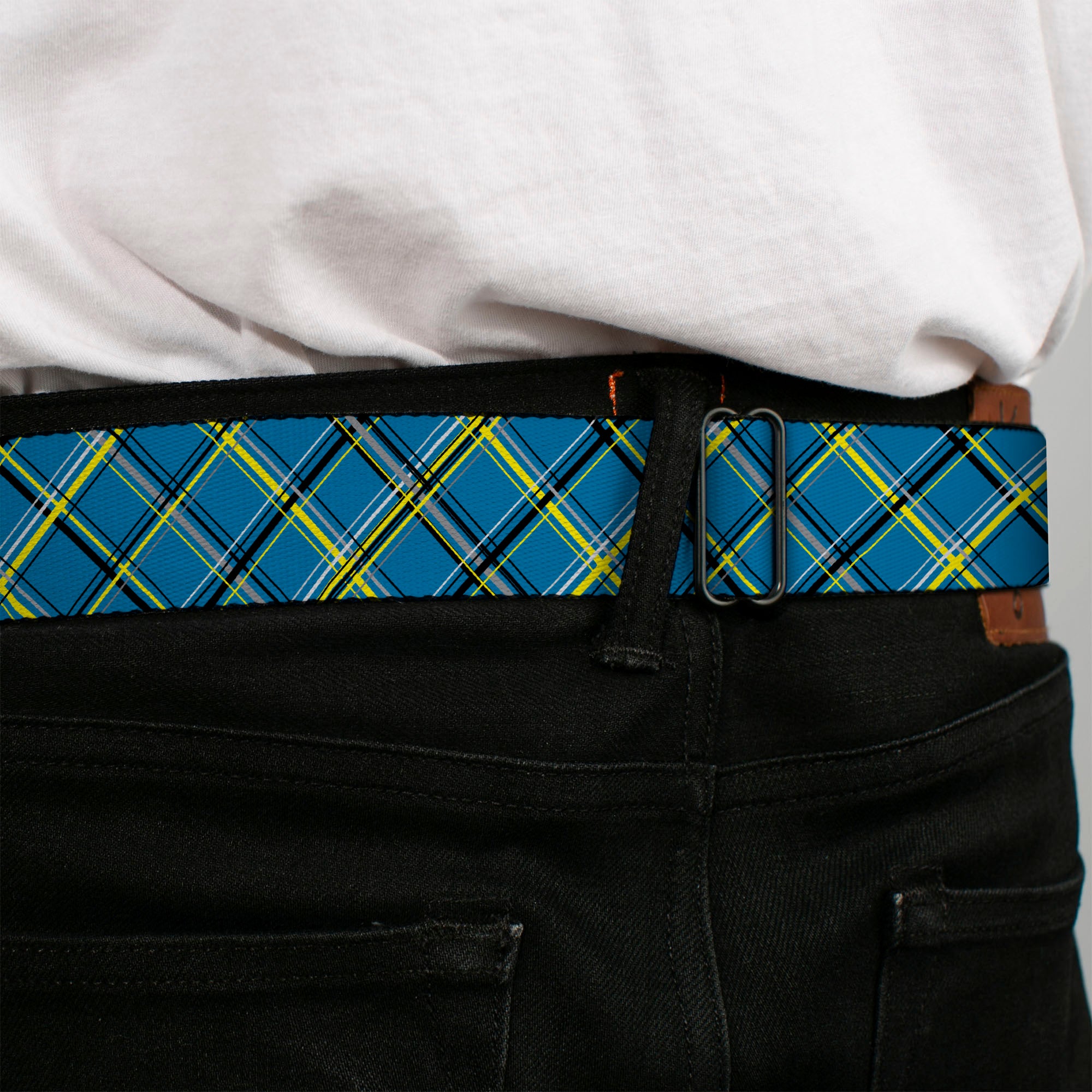 BD Wings Logo CLOSE-UP Full Color Black Silver Seatbelt Belt - Plaid Turquoise/Yellow/Black/Gray Webbing Seatbelt Belts Buckle-Down